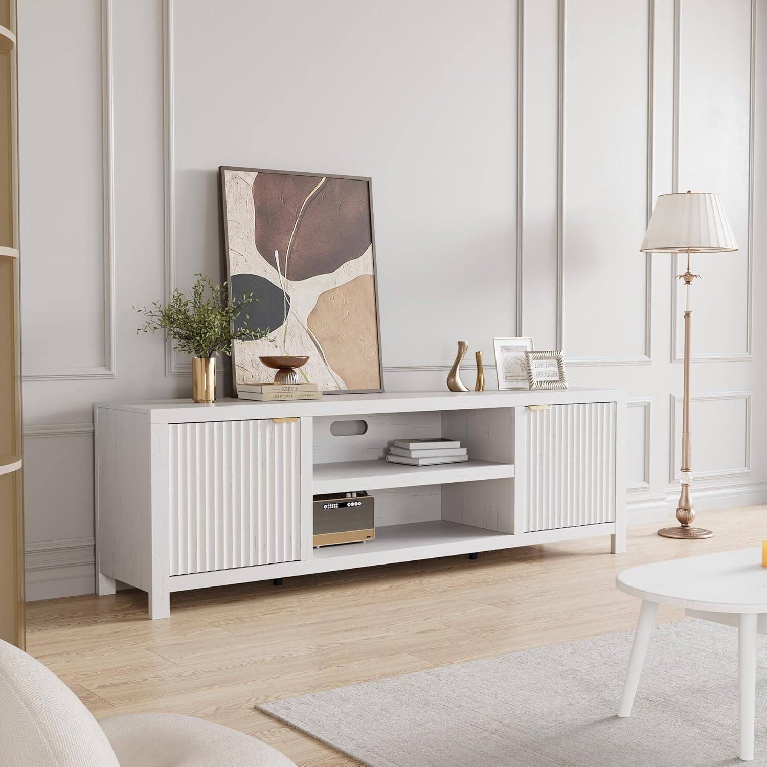 Alt View 3. GARVEE - Fluted TV Stand for 80 Inch TV, Modern Entertainment Center with Storage - White.