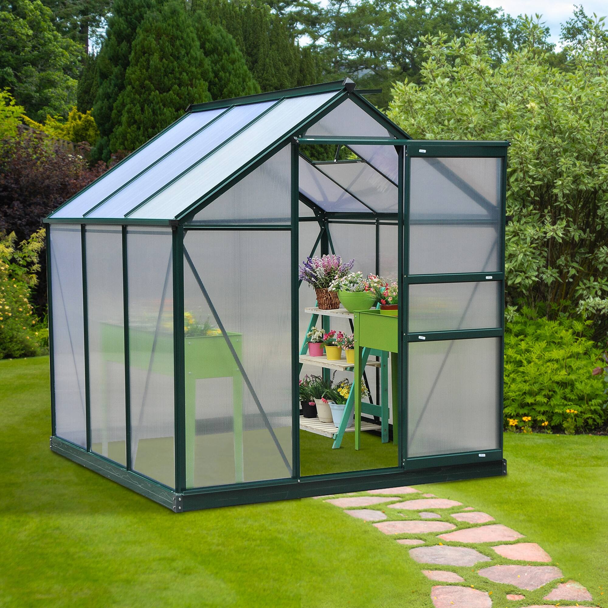 Alt View 1. Outsunny - 6' x 6' Greenhouse for Outdoors, Polycarbonate Greenhouse with Rain Gutter and Roof Vent, Aluminum Walk-in Green House.
