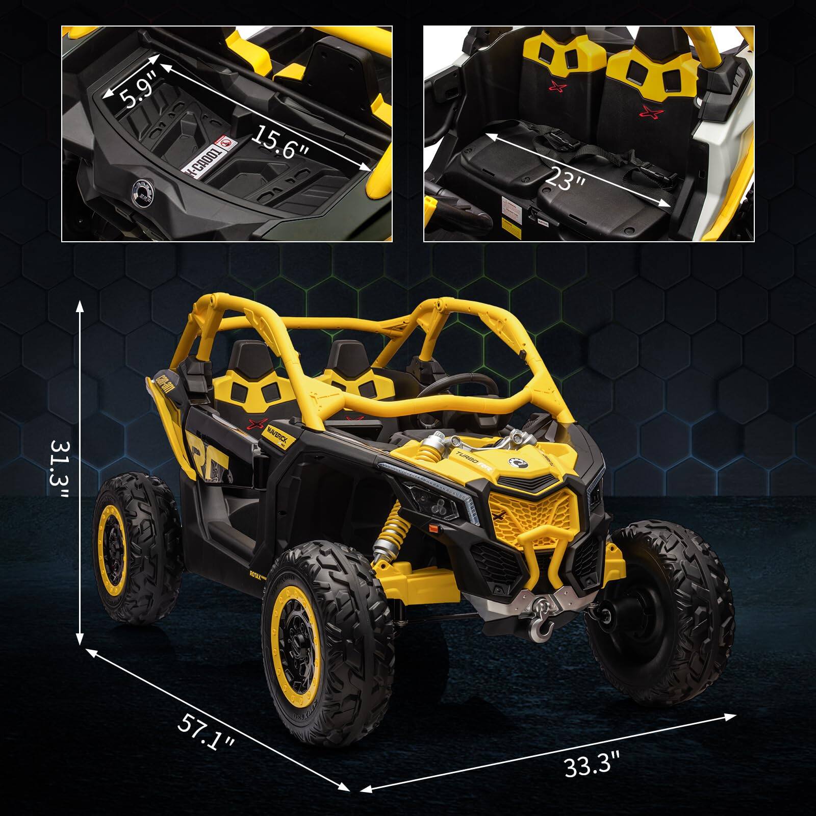 - 5.9" (height of the dashboard)
- 15.6" (width of the dashboard)
- 23" (width of the seat)
- 31.3" (height of the vehicle)
- 57.1" (length of the vehicle)
- 33.3" (width of the vehicle)