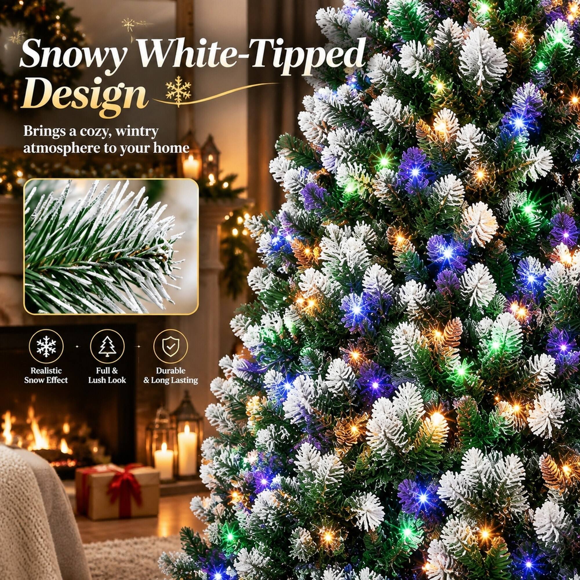Snowy White-Tipped Design  
Brings a cozy, wintry atmosphere to your home  

Realistic Snow Effect  
Full & Lush Look  
Durable & Long Lasting