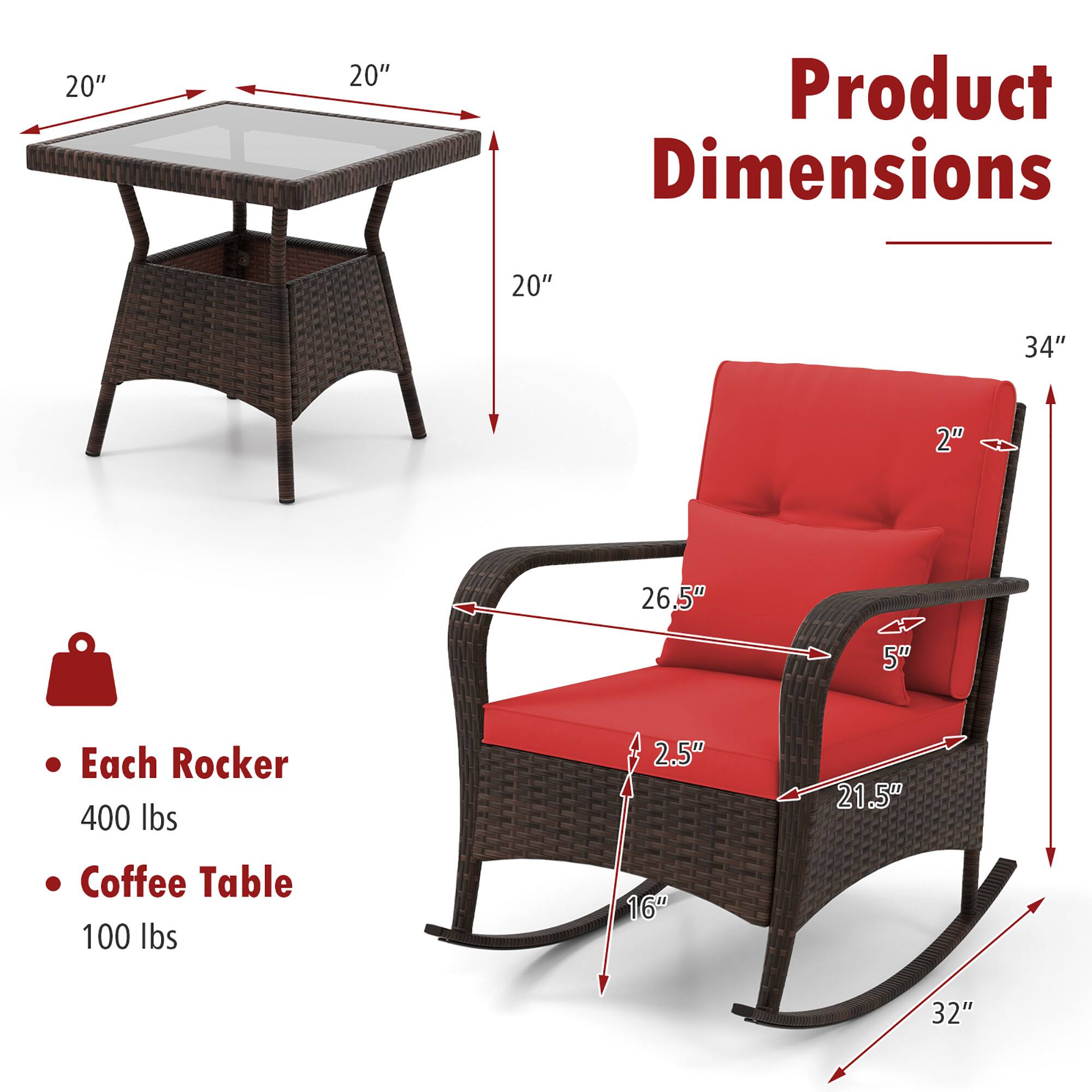 20" x 20" Product Dimensions  
20" x 34"  
2"  
26.5"  
5"  
Each Rocker: 400 lbs  
2.5"  
21.5"  
Coffee Table: 100 lbs  
16" x 32"
