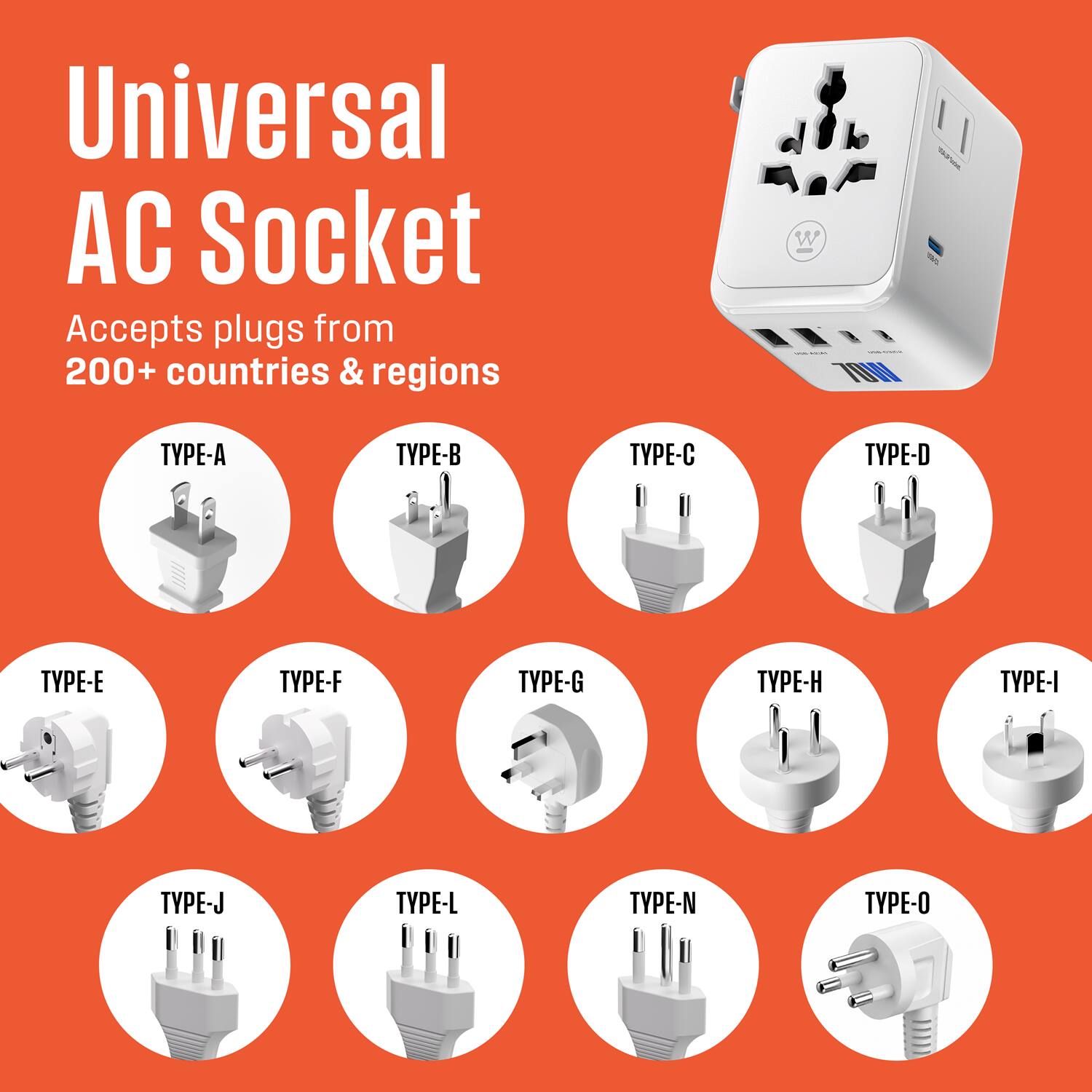 Universal AC Socket  
Accepts plugs from 200+ countries & regions  

TYPE-A  
TYPE-B  
TYPE-C  
TYPE-D  
TYPE-E  
TYPE-F  
TYPE-G  
TYPE-H  
TYPE-I  
TYPE-J  
TYPE-L  
TYPE-N  
TYPE-O