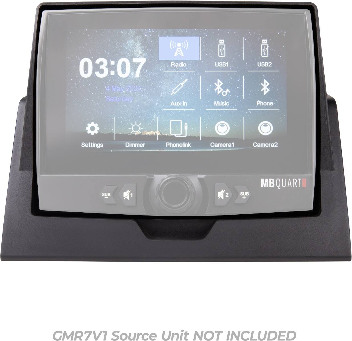 Radio 03:07 4 May 2024 Saturday Aux In USB1 Music USB2 Phone Settings Dimmer Phonelink Camera1 Camera2 MB Quart Source Unit NOT INCLUDED GMR7V1