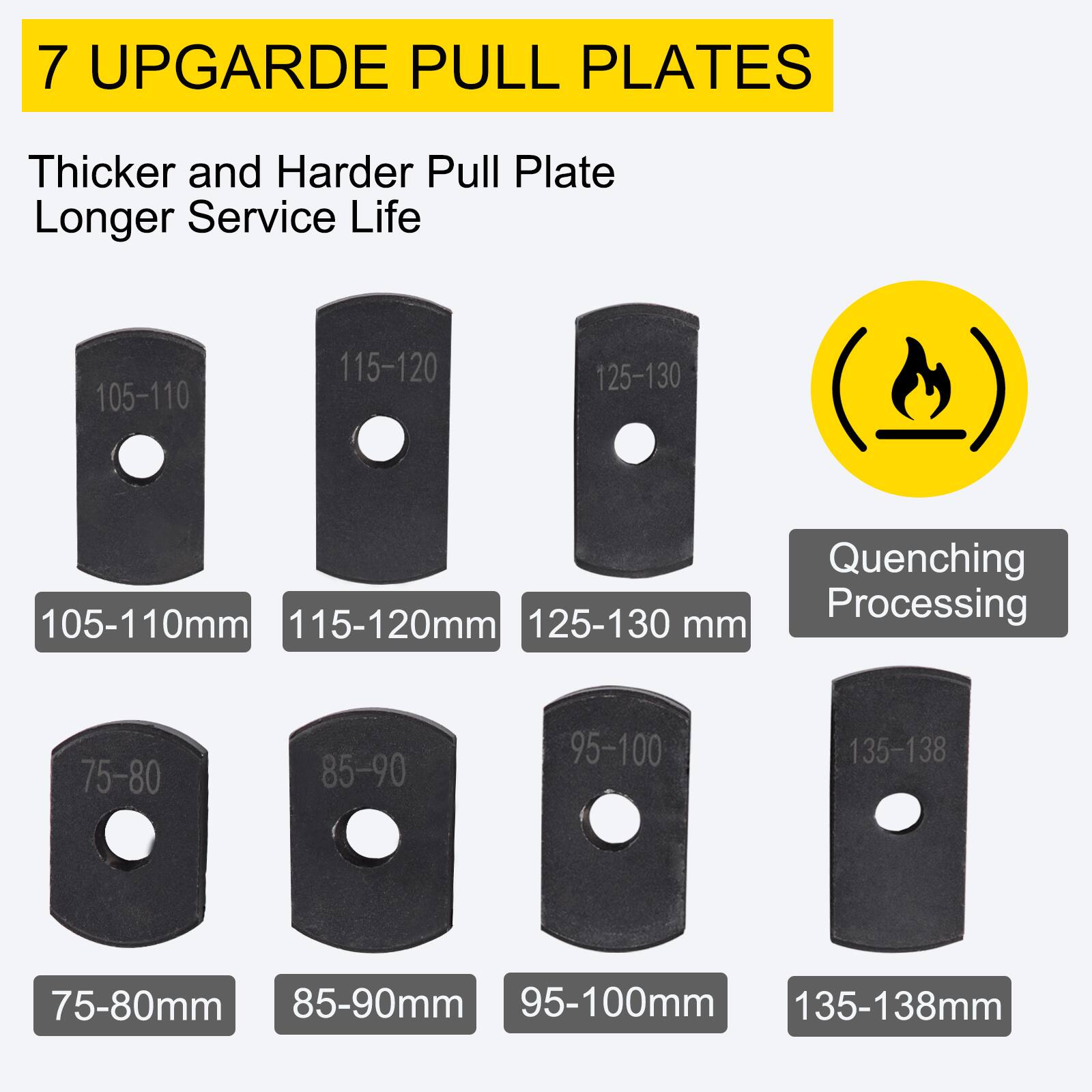 7 UPGARDE PULL PLATES

Thicker and Harder Pull Plate  
Longer Service Life

105-110mm  
115-120mm  
125-130 mm  
75-80mm  
85-90mm  
95-100mm  
135-138mm

Quenching Processing