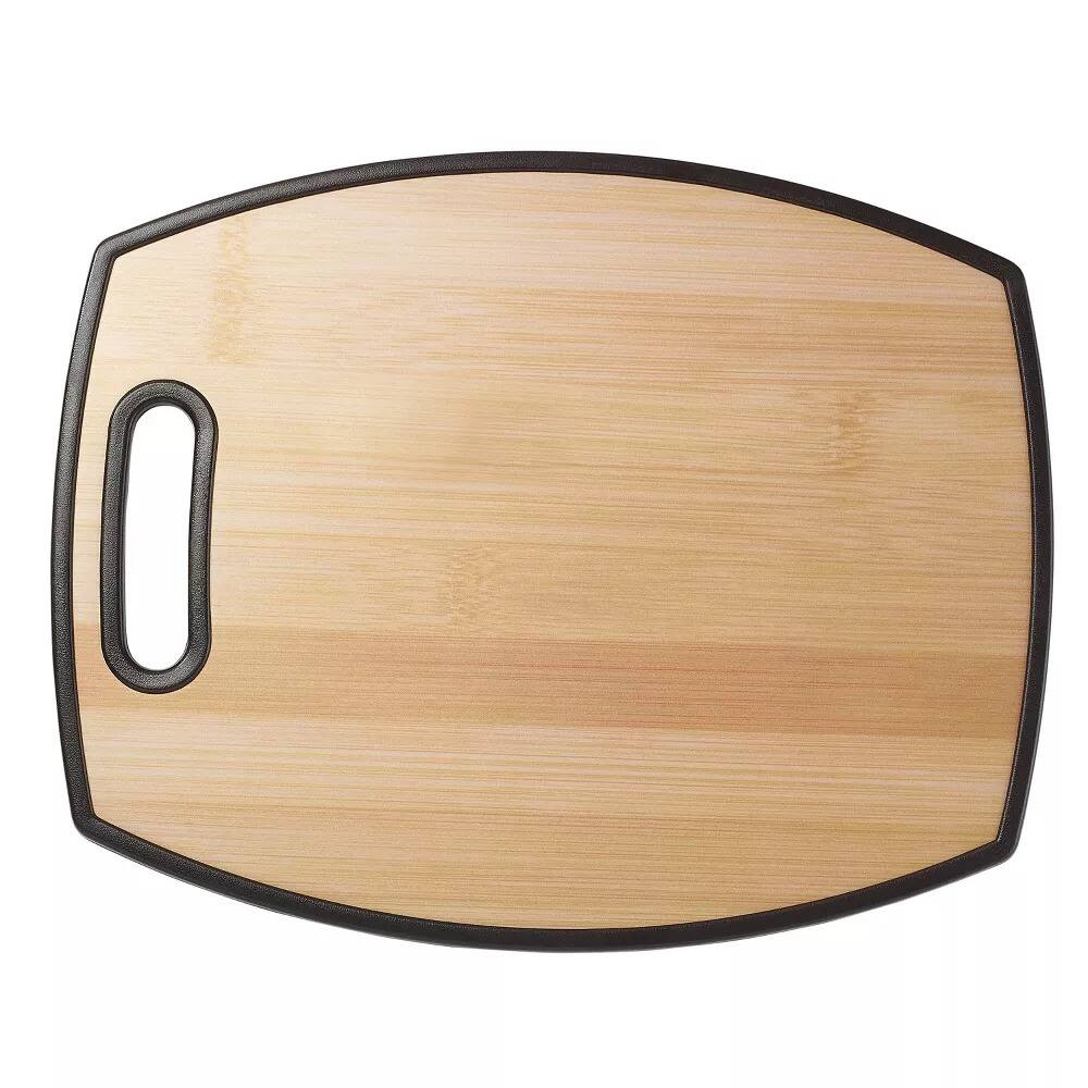Alt View 1. Elle Decor - 12" × 15" Kitchen Cutting Board with Handle, Durable Bamboo‑Designed Plastic, Dishwasher Safe - Brown.