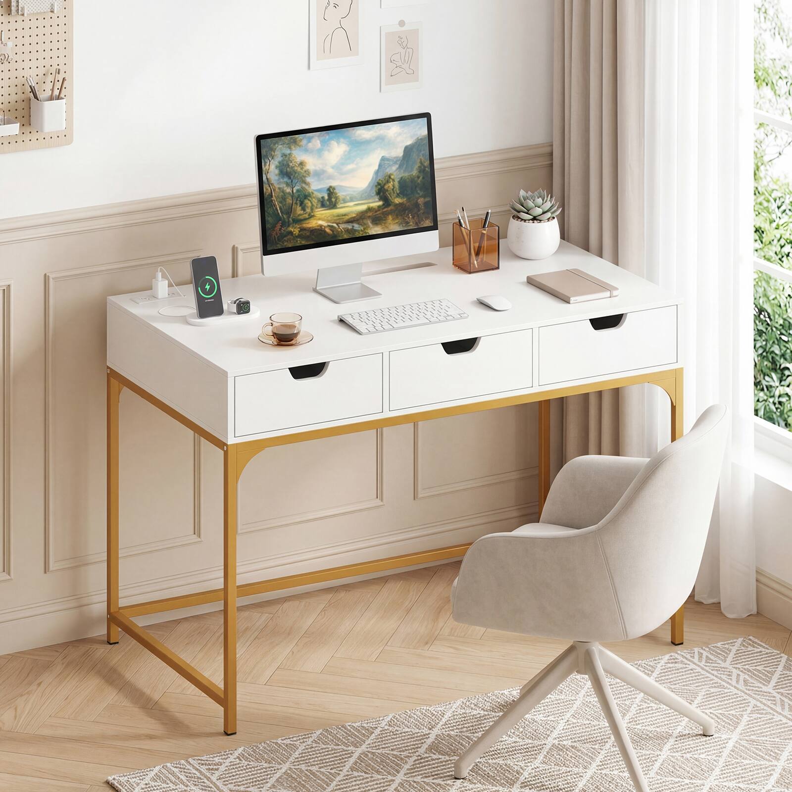 Alt View 3. Costway - Costway Office Desk with Power Outlets,43.5" Modern Writing Desk with Hidden Compartment - White & Gold.
