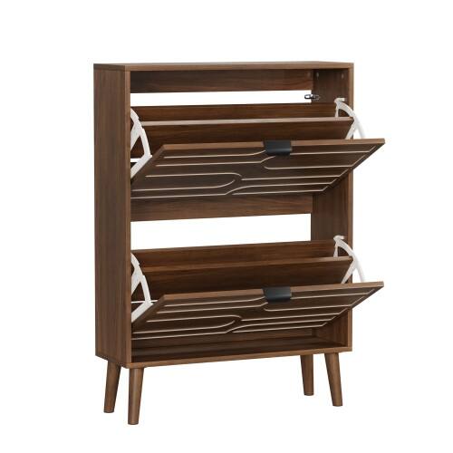 Alt View 3. LUCKY ONE - 23.62in Freestanding Walnut Shoe Cabinet with 2 Flip Drawers Fence Design for Entryway Corridor - Walnut.