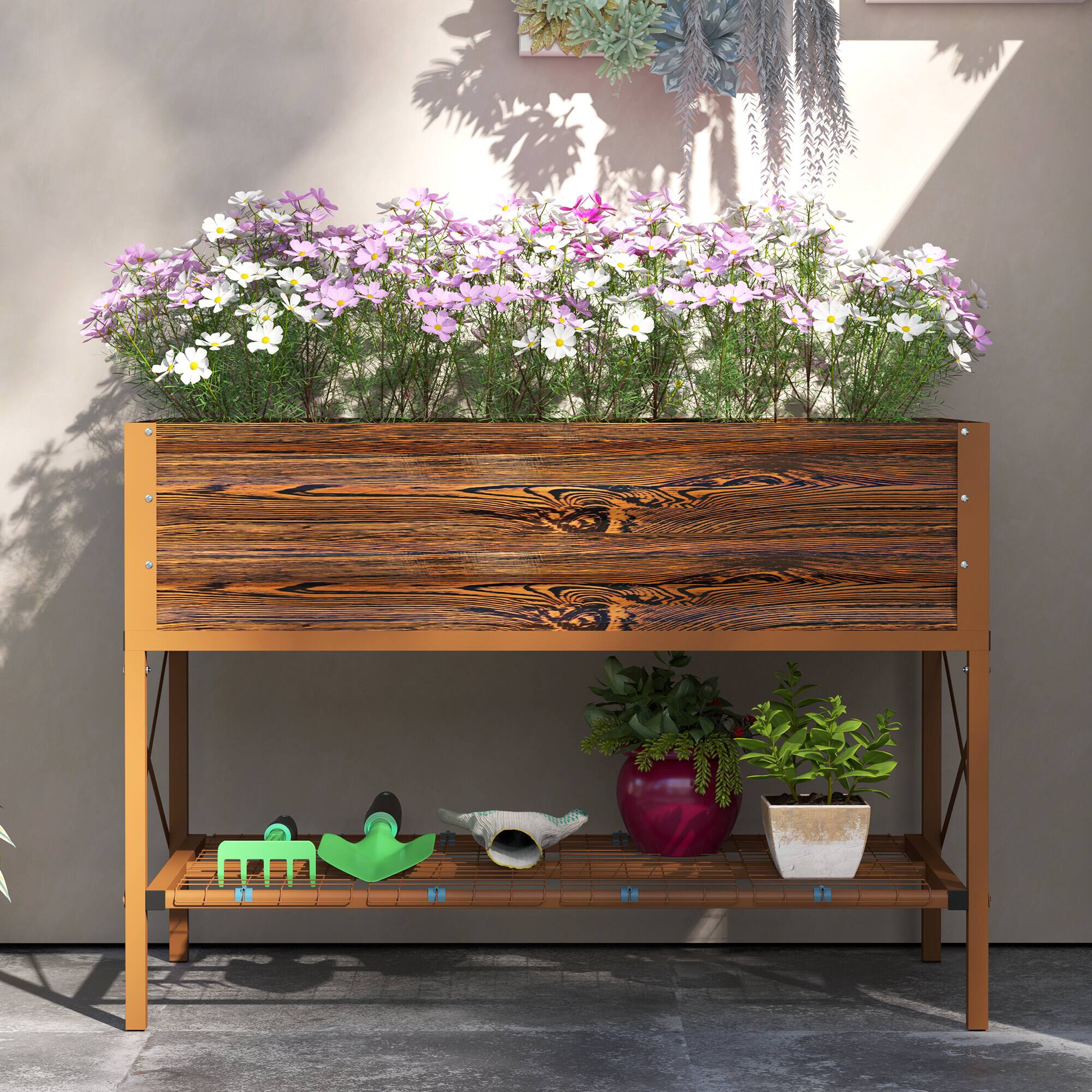 Alt View 8. Outsunny - Raised Garden Bed with Galvanized Steel Frame, Storage Shelf and Bed Liner, Elevated Planter Box with Legs - Brown.