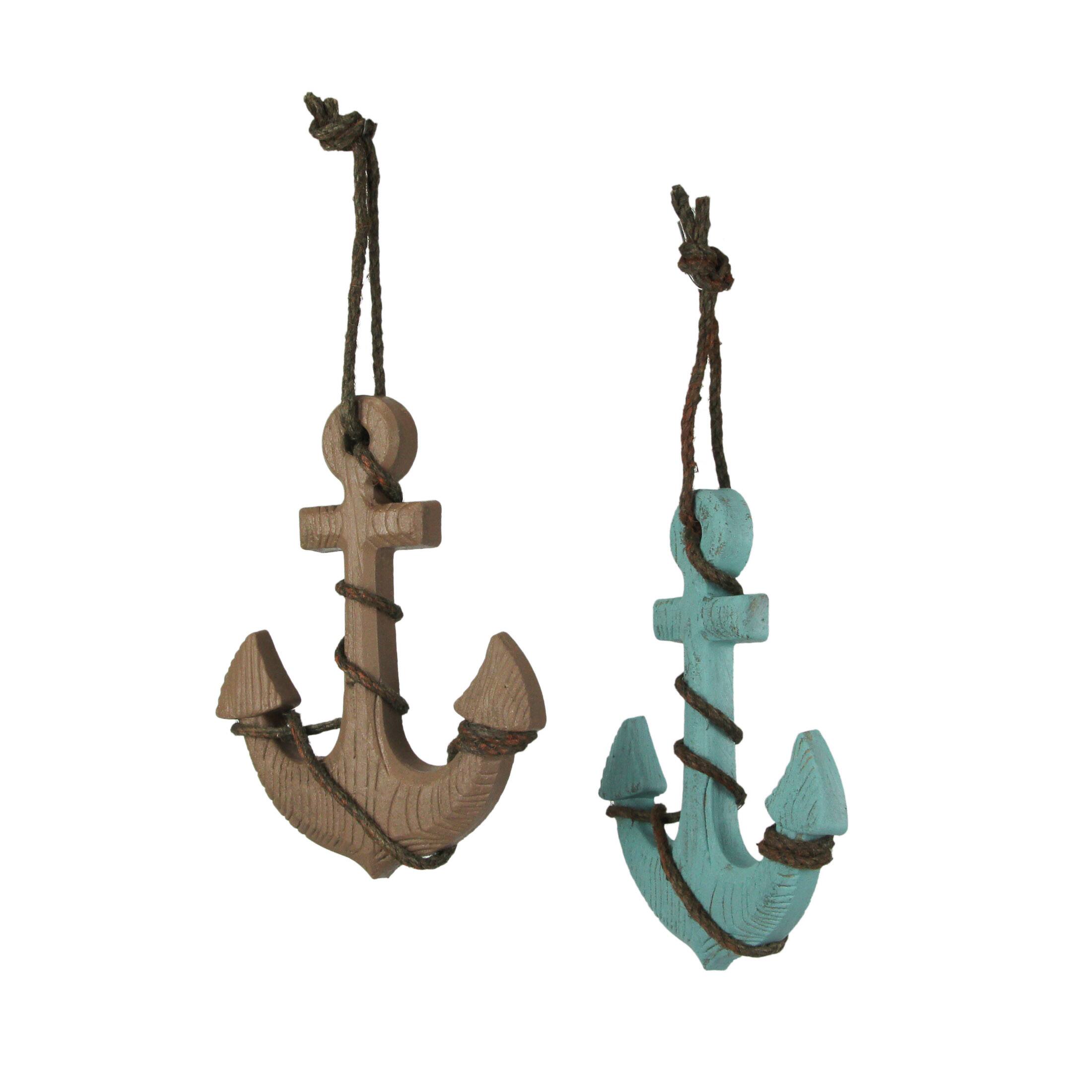 Things2Die4 - Set of 2 Wooden Ship Anchor Wall Hangings or Large Christmas Ornaments - Blue and Brown 8.75 Inches High - Multicolored