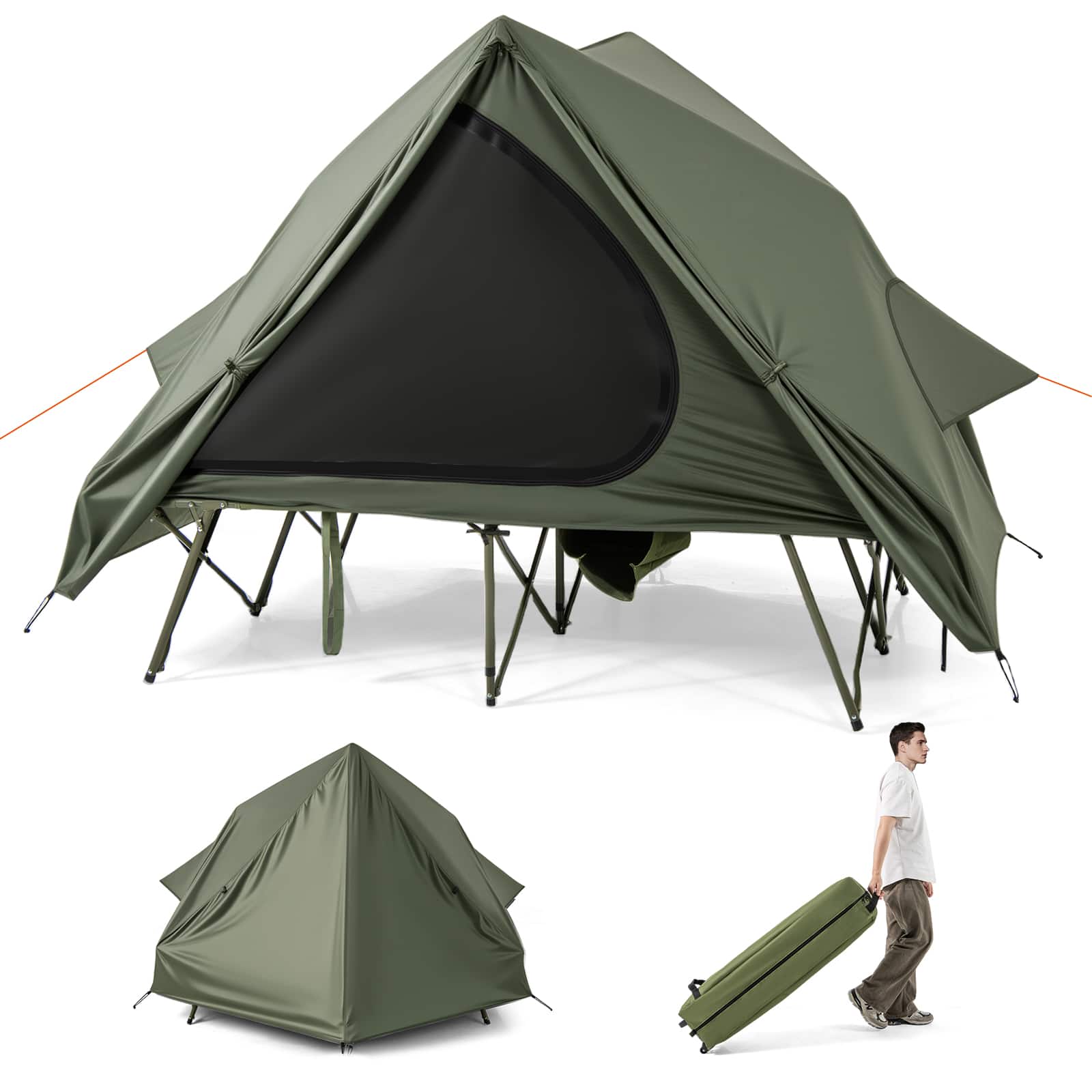 Gymax - 2 in 1 Camping Cot Combo Travel Cot Tent w/Pop-up Tent Shelter Bag & Rainfly - Green