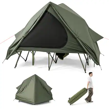Front. Gymax - Gymax 2 in 1 Camping Cot Combo Travel Cot Tent w/Pop-up Tent Shelter Bag & Rainfly - Green.