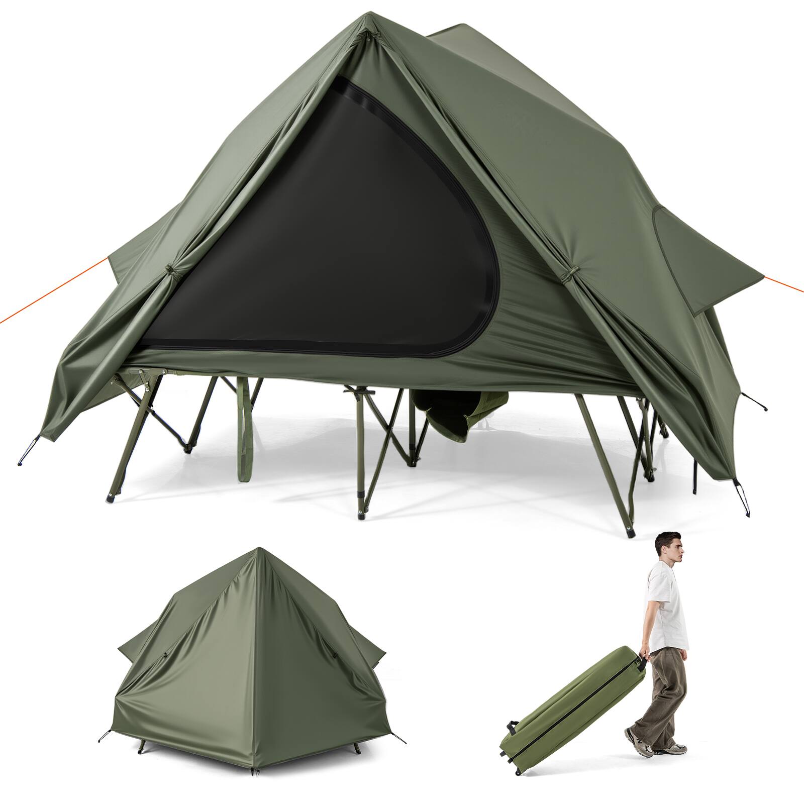 Front. Gymax - Gymax 2 in 1 Camping Cot Combo Travel Cot Tent w/Pop-up Tent Shelter Bag & Rainfly - Green.