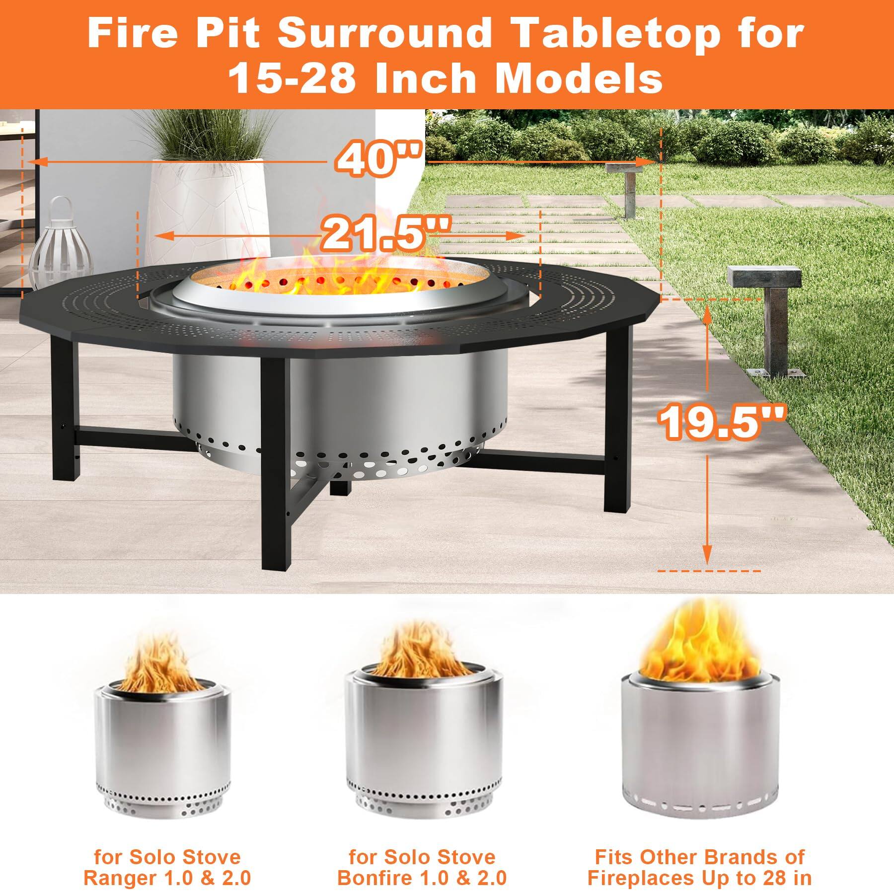 JETRANSPORT 40'' Fire Pit Surround Tabletop With Cover For Solo Stove ...