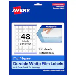 Avery - 1" x 1" Waterproof Square Labels, 4,800 Labels - White
