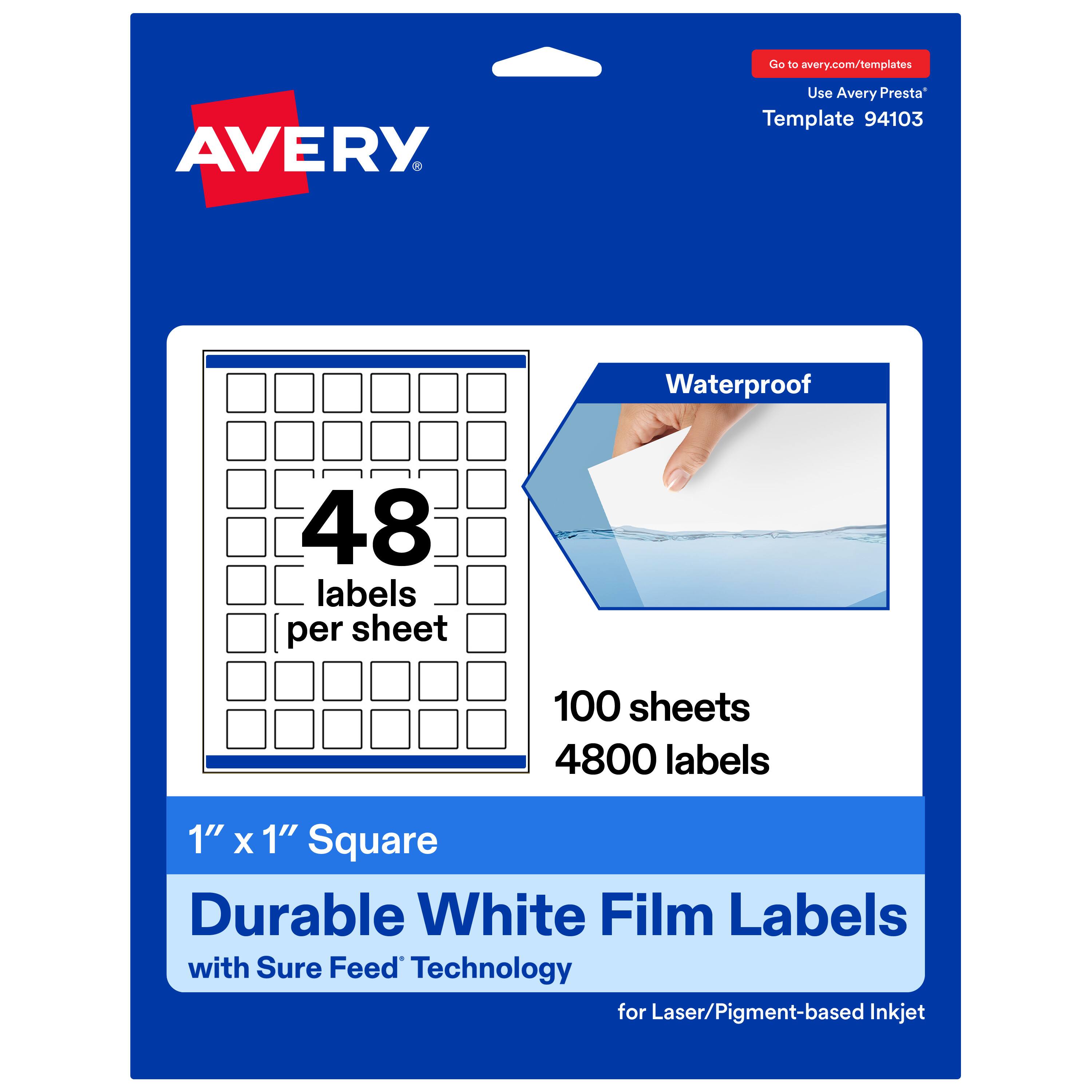 Go to avery.com/templates  
Use Avery Presta™ Template 94103  

Waterproof  
48 labels per sheet  
100 sheets  
4800 labels  

1" x 1" Square  
Durable White Film Labels with Sure Feed™ Technology for Laser/Pigment-based Inkjet