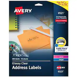 Avery - Easy Peel Laser/Inkjet Address Labels, 1" x 2-5/8", 300 Labels/Pack (6521) - Glossy Clear