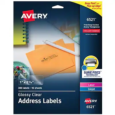 Avery 6521
Easy Peel' Pop-up Edge' for fast perling
Free Easy-to-Use Avery Templates
avery.com/templates
ARCHET 30
SURE FEED TECHNOLOGY
1" x 25/8"
300 labels - 10 sheets
Glossy Clear Address Labels
Laser Inkjet
Avery 6521