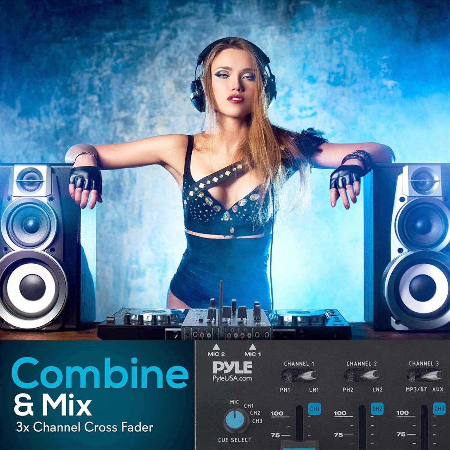 Combine & Mix  
3x Channel Cross Fader  

MIC 2 MIC 1  
PYLE  
PyleUSA.com  

CHANNEL 1  
PH1 LN1  
CH1 100 75  

CHANNEL 2  
PH2 LN2  
CH2 100 75  

CHANNEL 3  
MP3/BT AUX  
CH3 100 75  

CUE SELECT