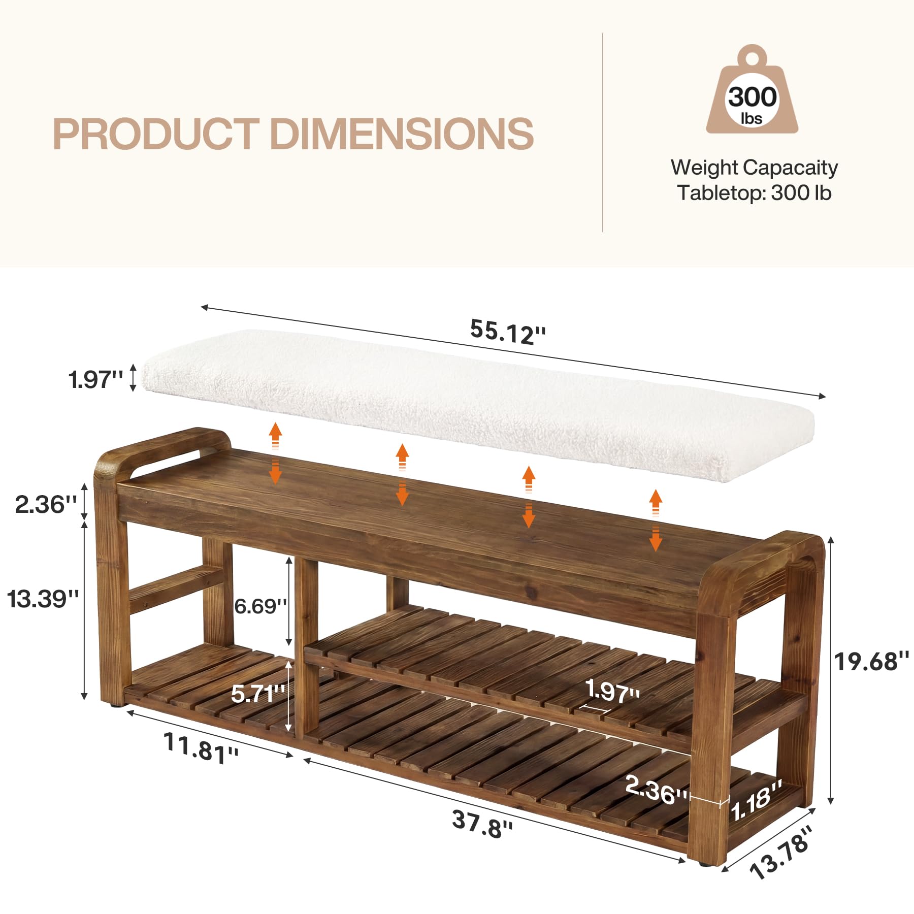 PRODUCT DIMENSIONS  
300 lbs Weight Capacity Tabletop: 300 lb  
1.97"  
55.12"  
2.36"  
13.39"  
6.69"  
5.71"  
11.81"  
37.8"  
19.68"  
1.97"  
2.36"  
1.18"  
13.78"