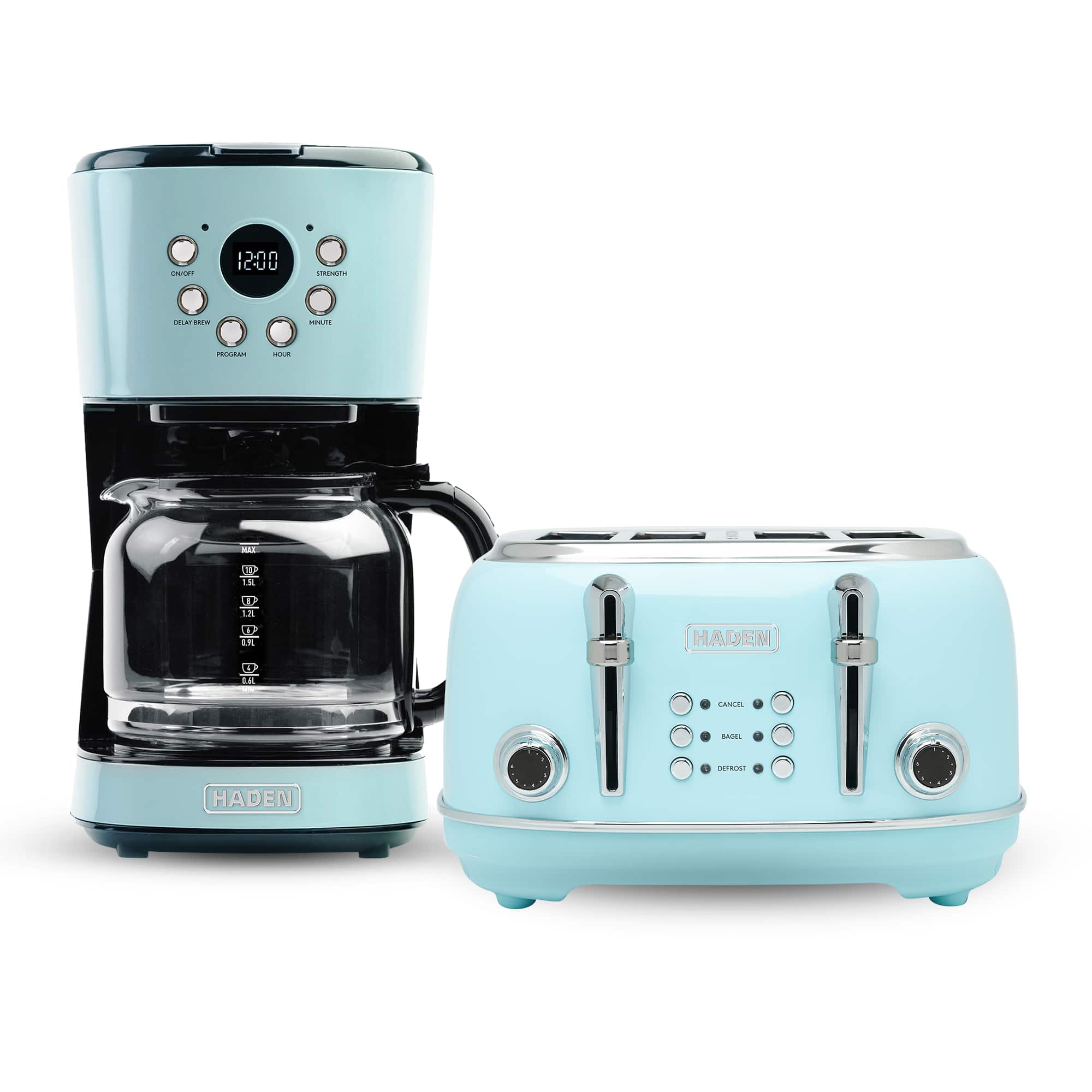 Haden - Coffee Maker & Heritage 4 Slice Wide Slot Toaster, Chrome - Turquoise