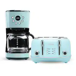 Haden - Coffee Maker & Heritage 4 Slice Wide Slot Toaster, Chrome - Turquoise