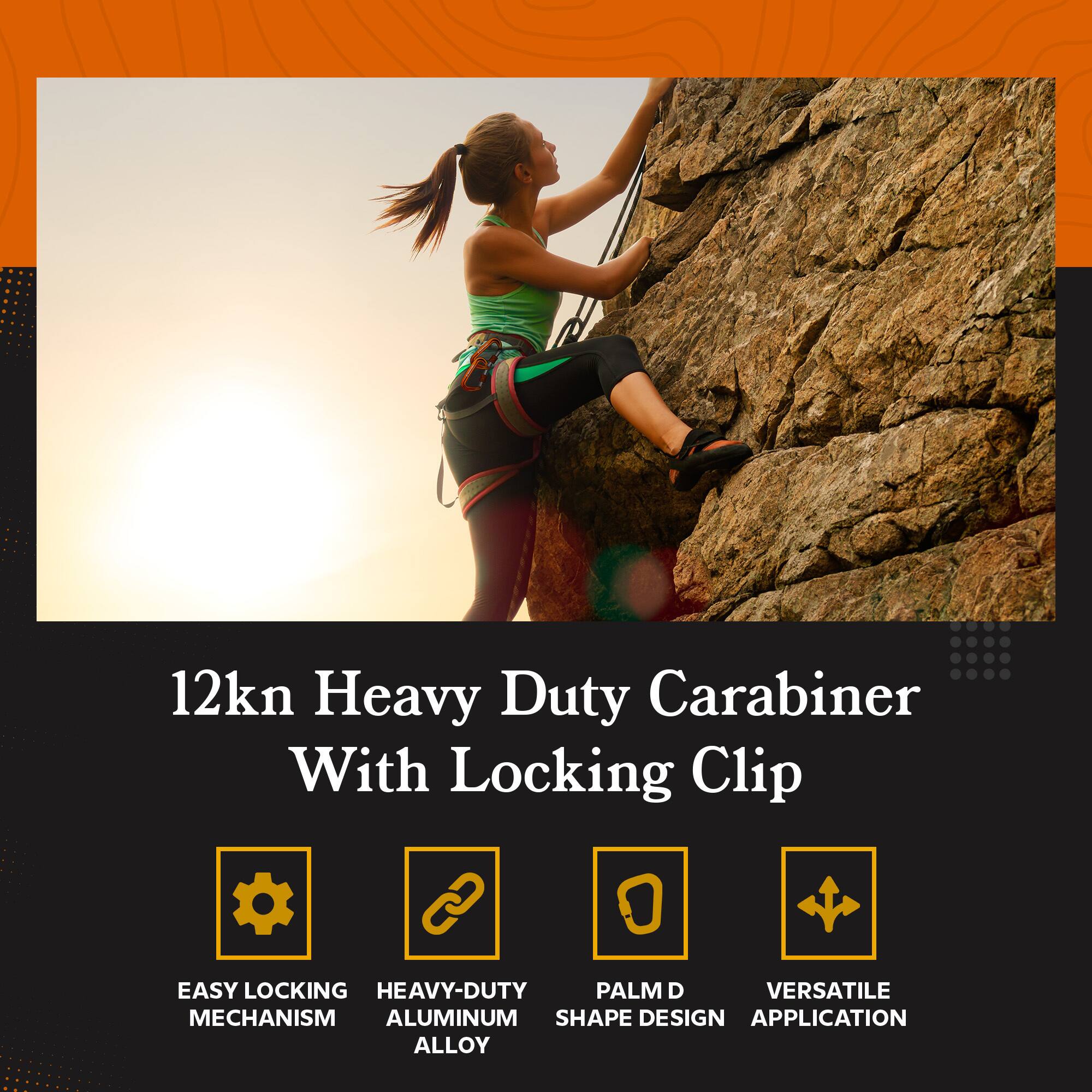 12kn Heavy Duty Carabiner With Locking Clip

- EASY LOCKING MECHANISM
- HEAVY-DUTY ALUMINUM ALLOY
- PALM D SHAPE DESIGN
- VERSATILE APPLICATION