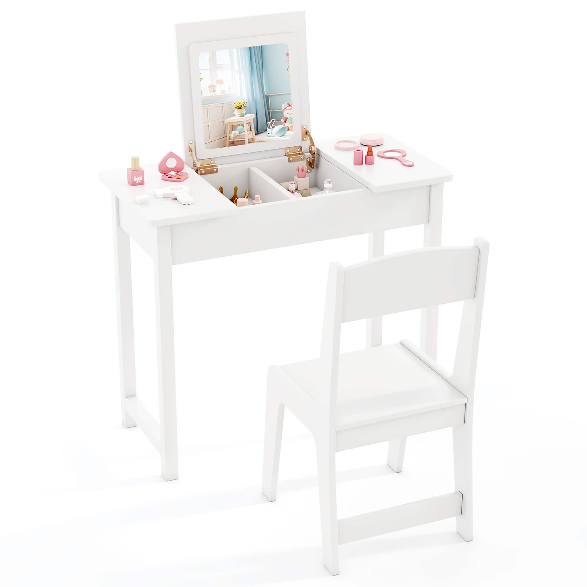 Gymax - Kids Vanity Table & Chair Set 2-in-1 Princess Makeup Dressing Desk Set - White price history on PriceWatchPro