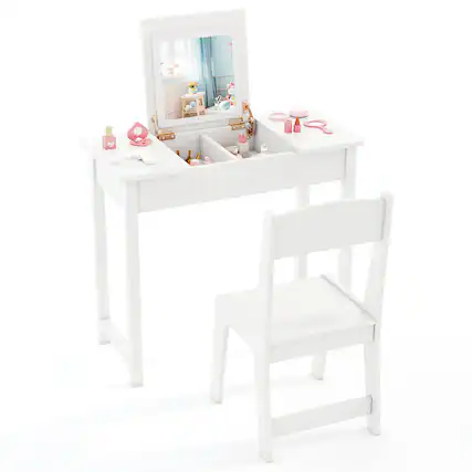 Front. Gymax - Gymax Kids Vanity Table & Chair Set 2-in-1 Princess Makeup Dressing Desk Set White - White.