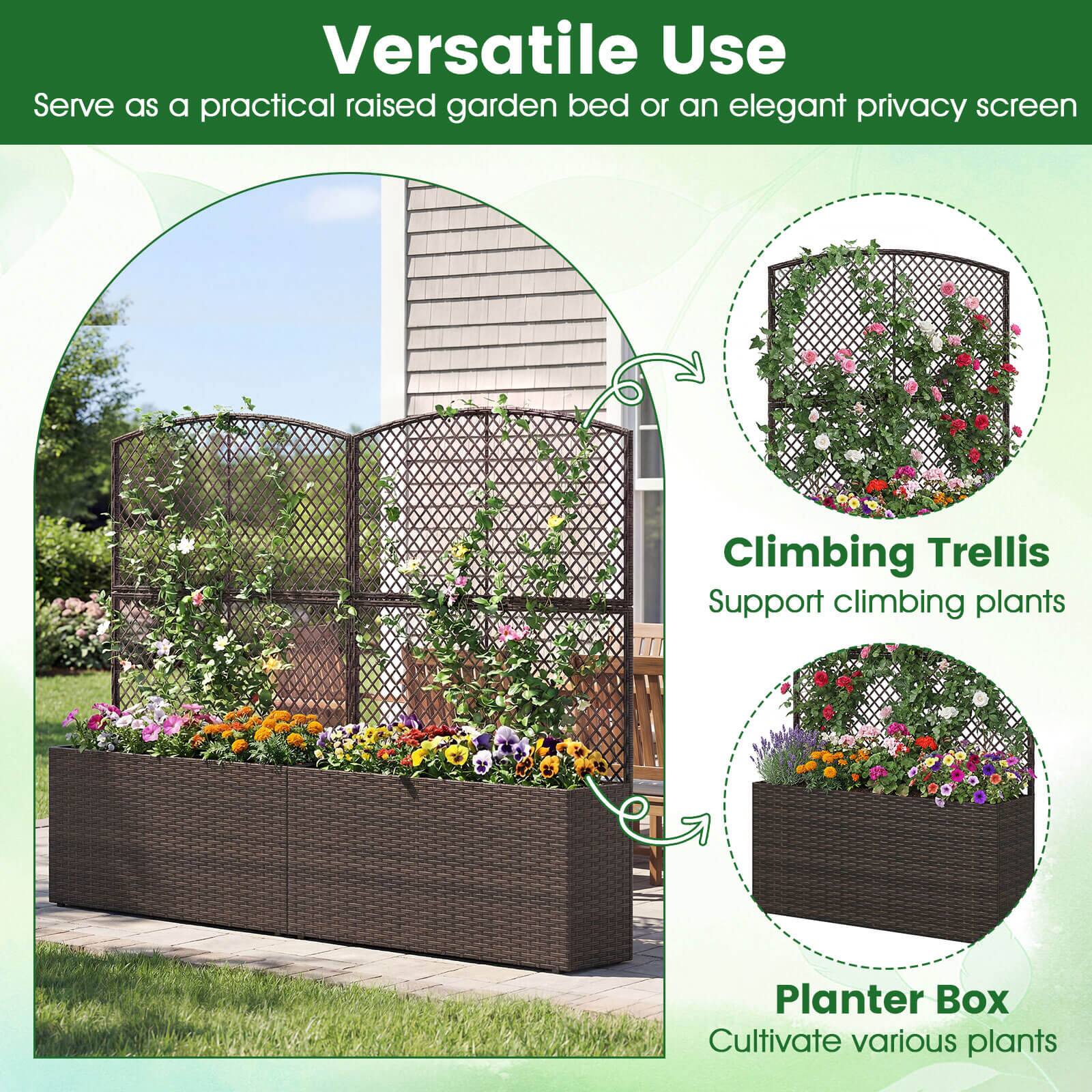 Versatile Use  
Serve as a practical raised garden bed or an elegant privacy screen  

Climbing Trellis  
Support climbing plants  

Planter Box  
Cultivate various plants