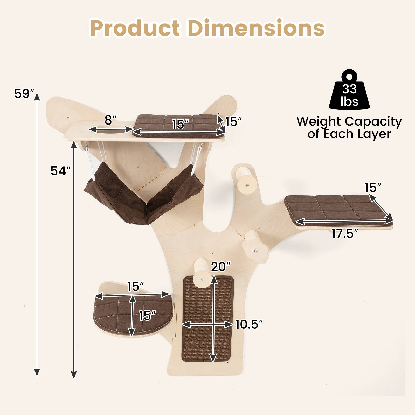 Product Dimensions:
- 59" (height)
- 8" (width of top shelf)
- 15" (depth of top shelf)
- 15" (width of middle shelf)
- 15" (depth of middle shelf)
- 15" (width of bottom shelf)
- 15" (depth of bottom shelf)
- 54" (height from floor to top shelf)
- 20" (height from floor to bottom shelf)
- 10.5" (width of bottom shelf base)
- 17.5" (depth of bottom shelf base)

Weight Capacity of Each Layer:
- 33 lbs