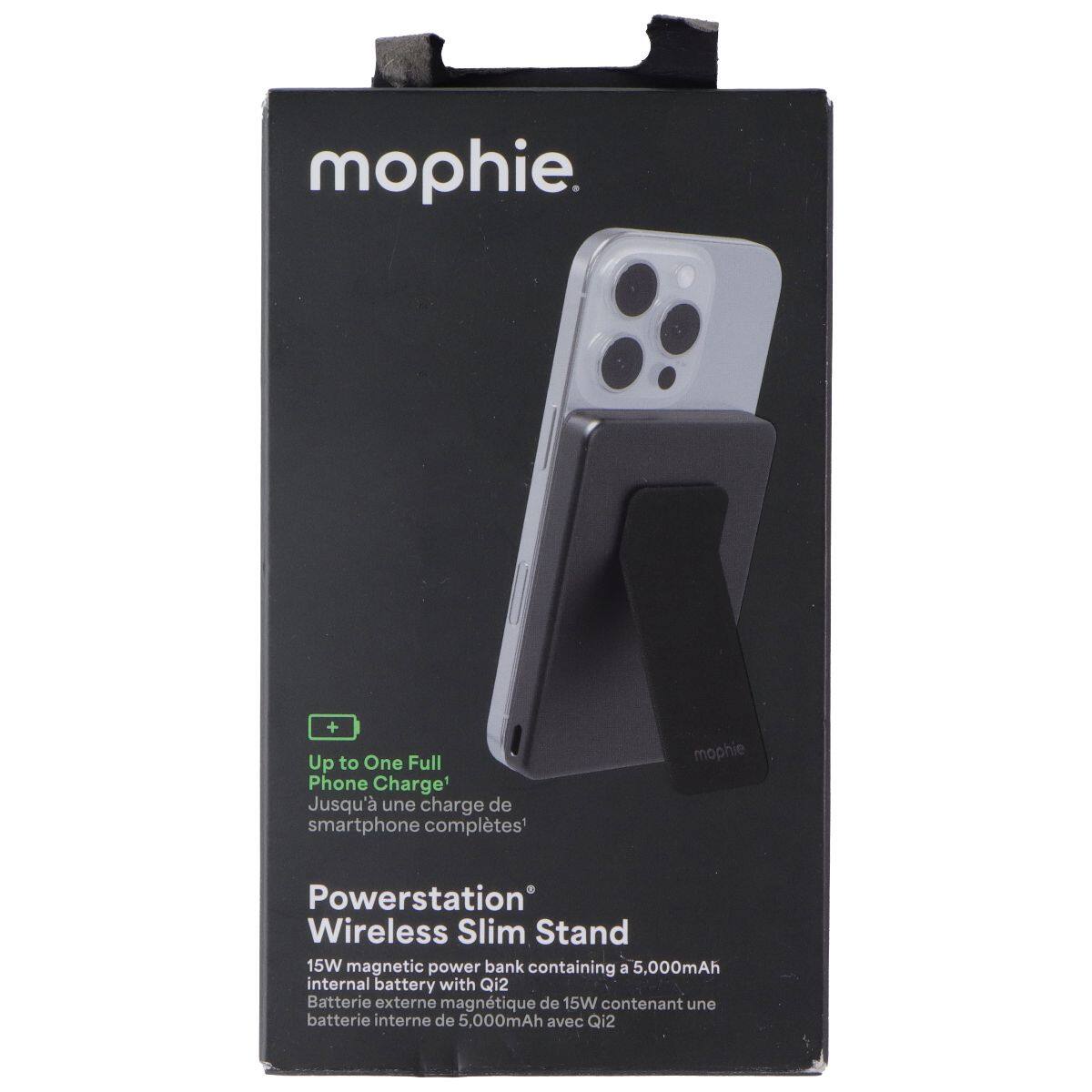 mophie

+ Up to One Full Phone Charge1  
Jusqu'à une charge de smartphone complète

mophie  
Powerstation Wireless Slim Stand  
15W magnetic power bank containing a 5,000mAh internal battery with Qi2  
Batterie externe magnétique de 15W contenant une batterie interne de 5,000mAh avec Qi2