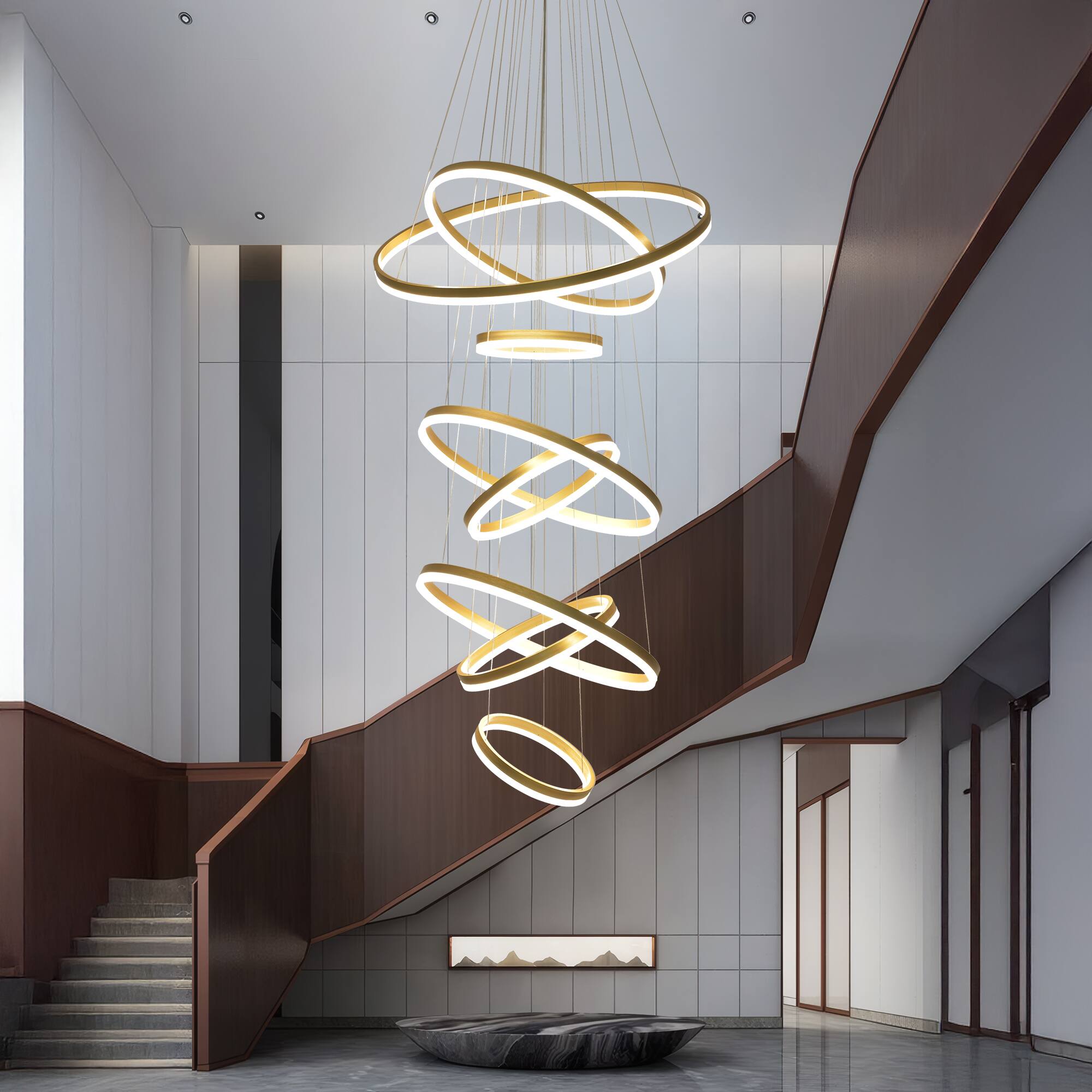 Angle. RYHNUYNE - Modern 8-Ring LED Chandelier for High Ceilings, Large Adjustable Pendant Light with Remote Control Dimmable.