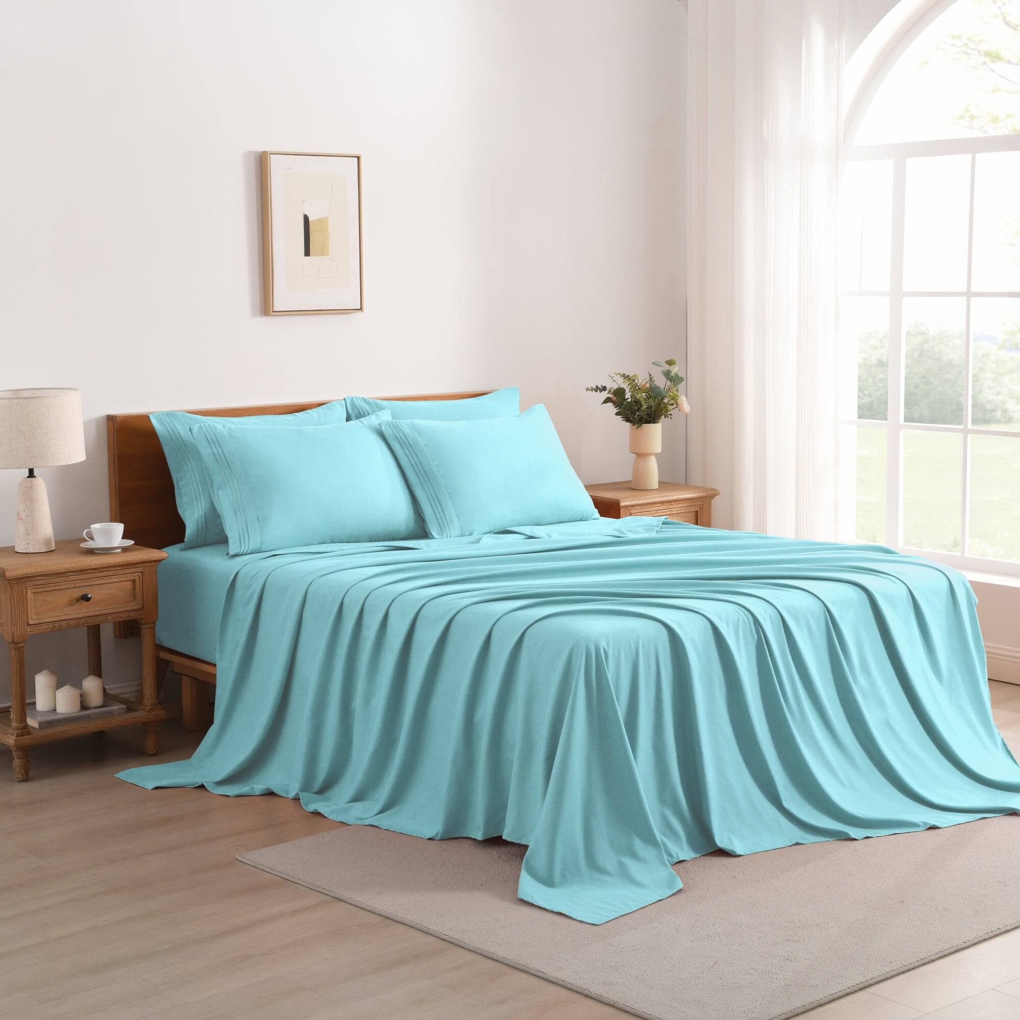 Left. MarCielo - Marcielo 4/6 Pcs Soft Solid & Embroidery Bed Sheets Set - Aqua Blue.