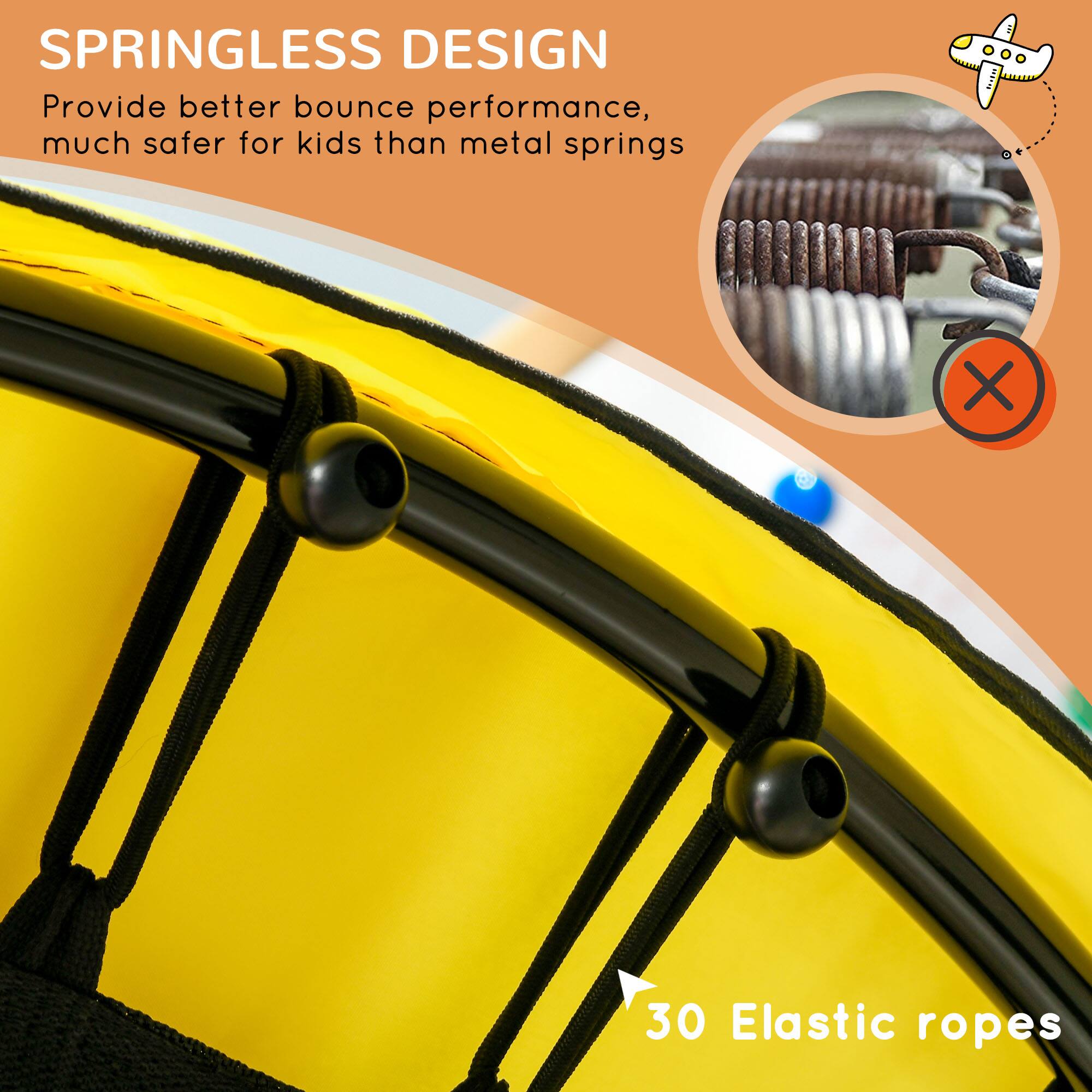 SPRINGLESS DESIGN  
Provide better bounce performance, much safer for kids than metal springs  

30 Elastic ropes