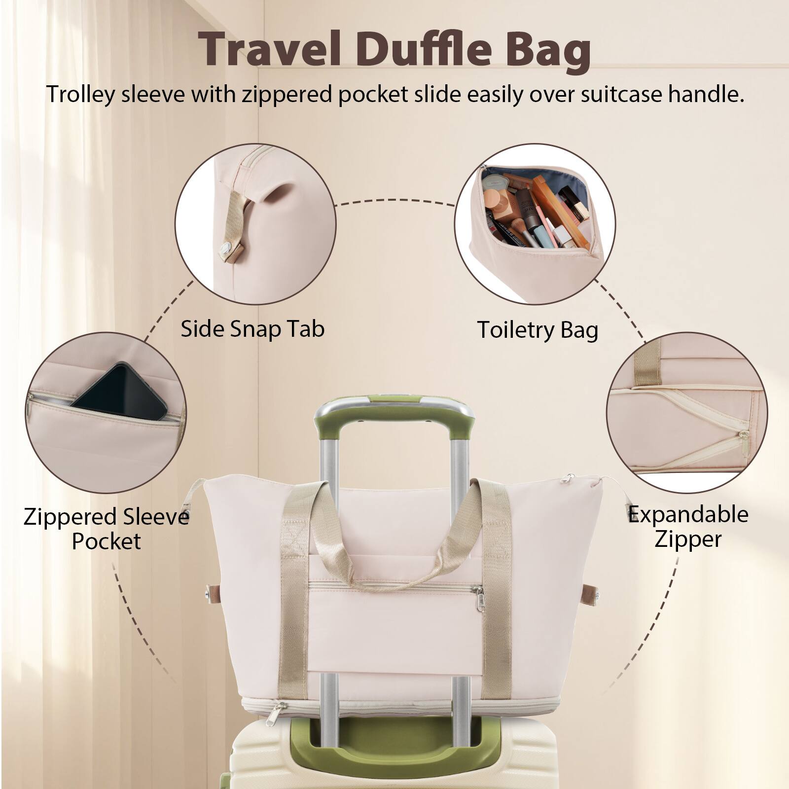 Travel Duffle Bag

- Trolley sleeve with zippered pocket slide easily over suitcase handle.
- Side Snap Tab
- Toiletry Bag
- Zippered Sleeve Pocket
- Expandable Zipper
