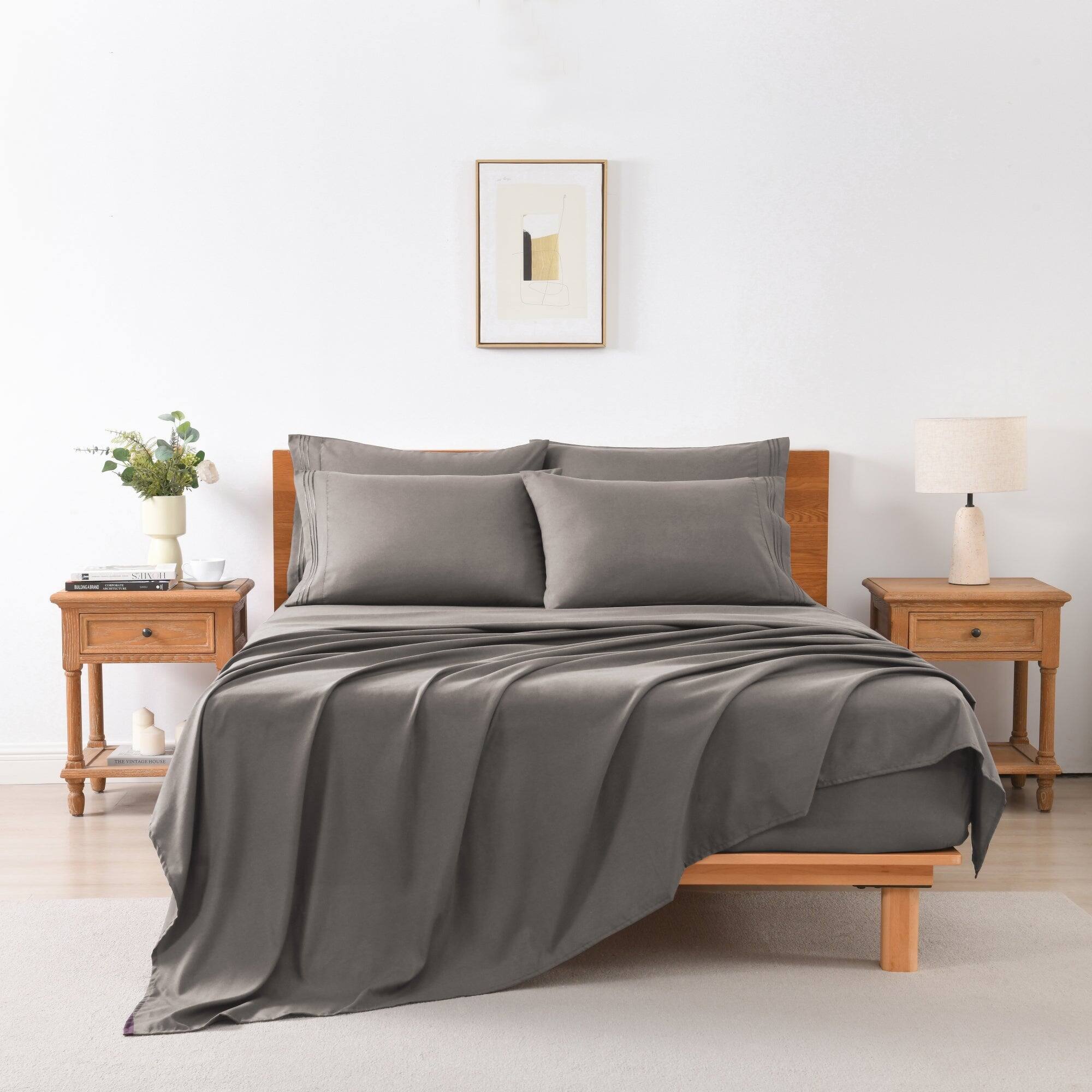 Angle. MarCielo - Marcielo 4/6 Pcs Soft Solid & Embroidery Bed Sheets Set - Dark Grey.
