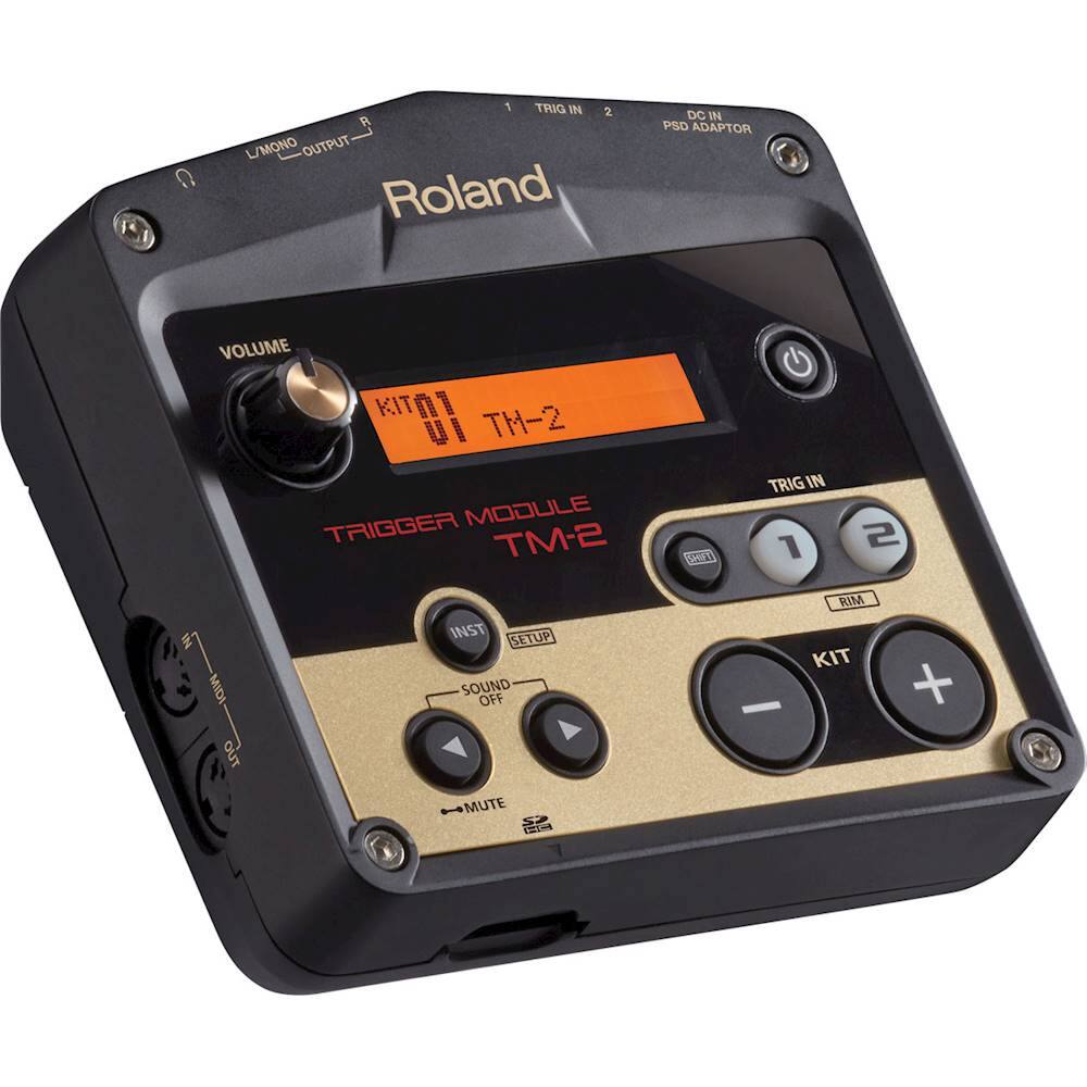 Roland is the brand of the electronic device in the image. The device has a black and gold color scheme and features a display with orange numbers. It is a trigger module with a volume knob and a MIDI out. The device also has a sound off switch and a mute button. The device is designed to be used with a Roland DC-IN PSD adaptor.