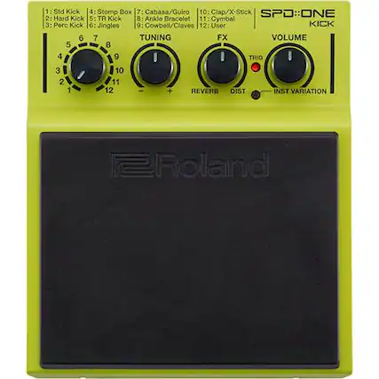 The text on the image is grouped and corrected as follows:
1. Std Kick
2. Hard Kick
3. Perc Kick
4. Stomp Box
5. TR Kick
6. Jingles
7. Cabasa/Guiro
8. Ankle Bracelet
9. Cowbell/Claves
10. Clap/X-Stick
11. Cymbal
12. User KICK
13. Tuning
14. FX Volume
15. Trig
16. Reverb
17. Dist
18. Inst Variation
19. Roland