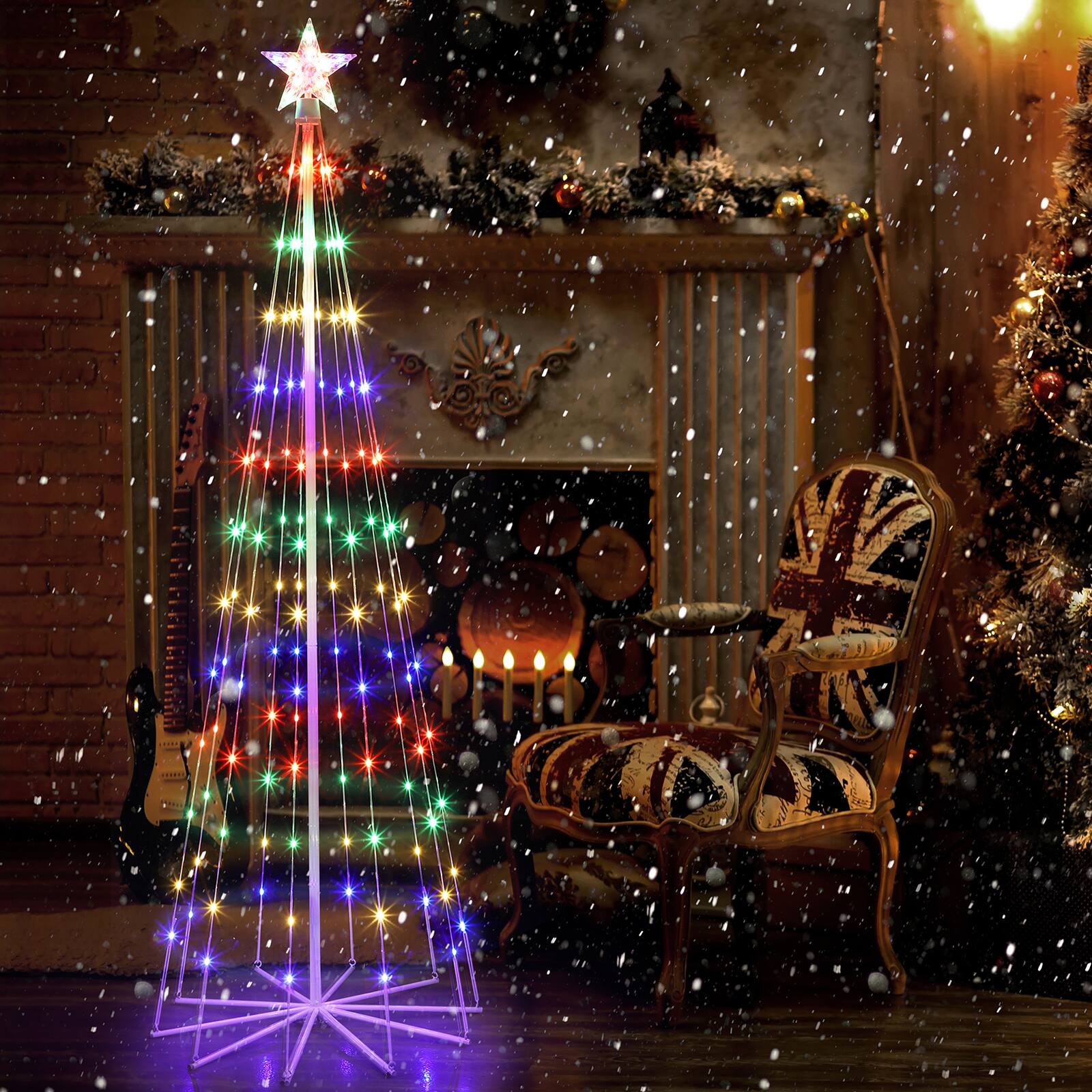 Front. Oumilen - 6FT Lighted Cone Christmas Tree – 4‑Color Plug‑In LED Tree with Star Topper & 8 Modes, Indoor Outdoor Decor.