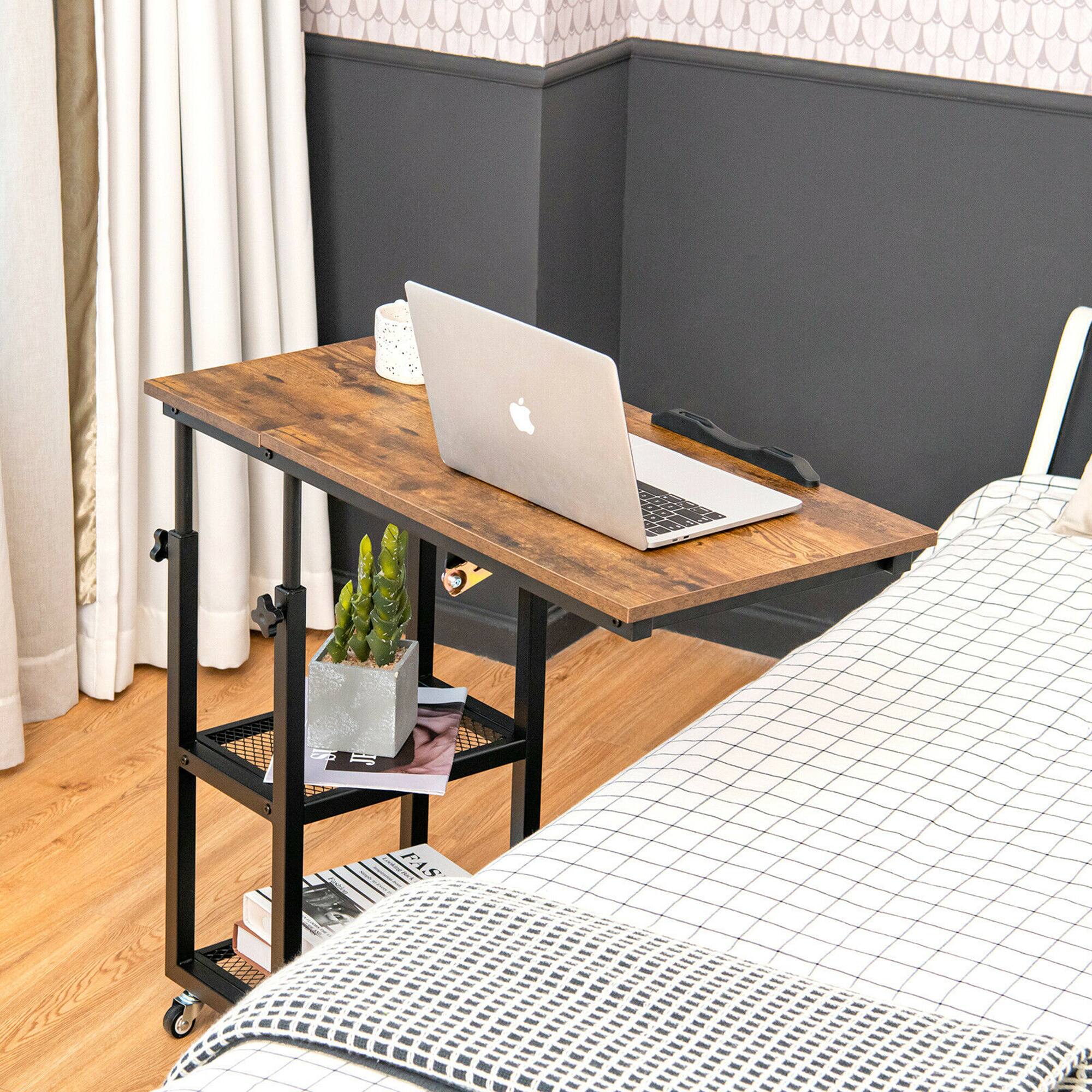 Alt View 3. Costway - Costway C Shaped Side Table w/ Wheels Height and Tabletop Adjustable Storage Shelf - Rustic Brown.