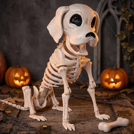 Front. Joyfy - 12.6" Halloween Decorations Dog Puppy Skeleton Full Body Posable for Spooky Scene Decor Party Favor Haunted House Prop - White.