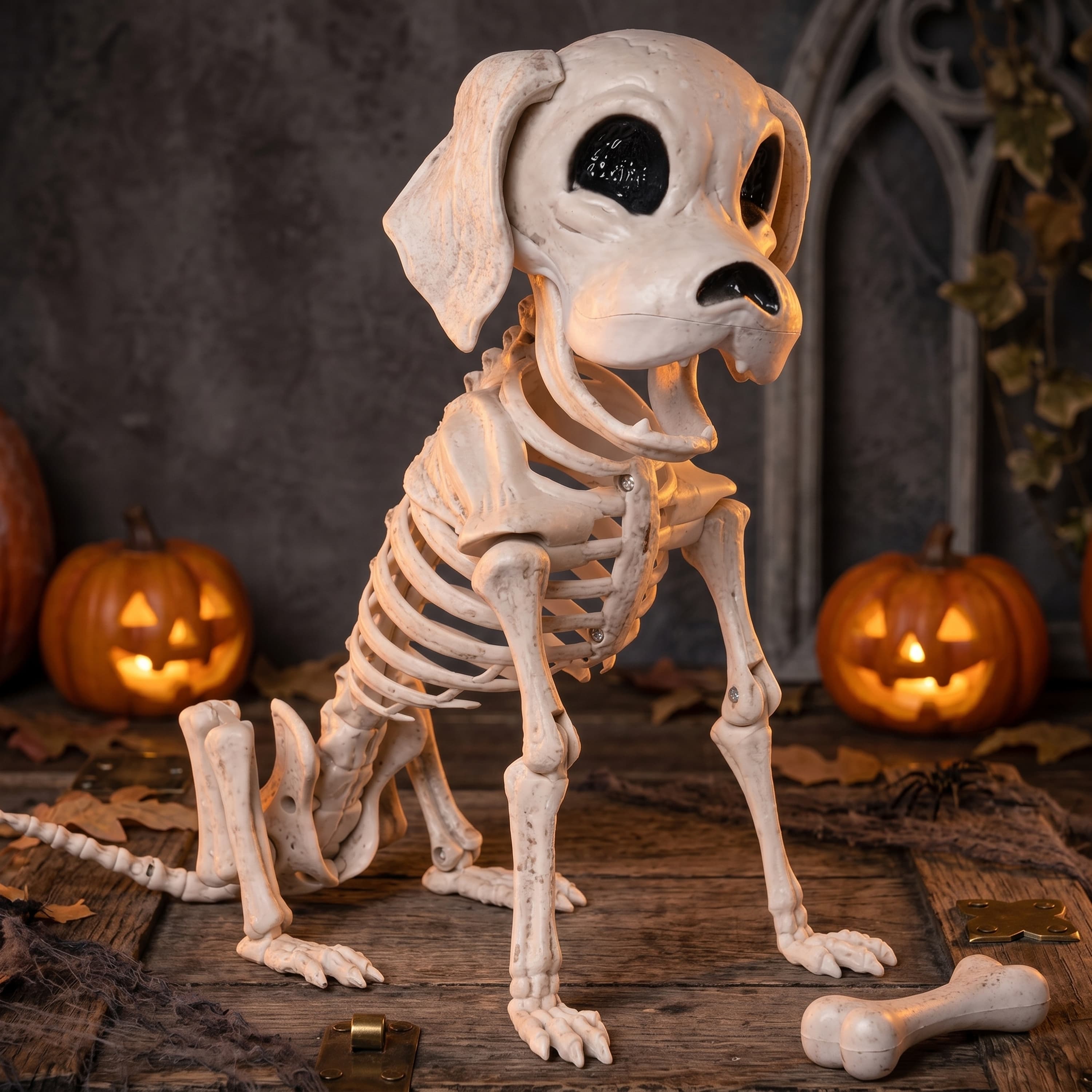 Front. Joyfy - 12.6" Halloween Decorations Dog Puppy Skeleton Full Body Posable for Spooky Scene Decor Party Favor Haunted House Prop - White.