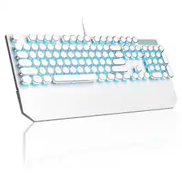 MageGee - Typewriter Mechanical Gaming Keyboard, Punk Round 104‑Key, LED Blue Backlit, Blue Switch Magnetic Wrist Rest - White