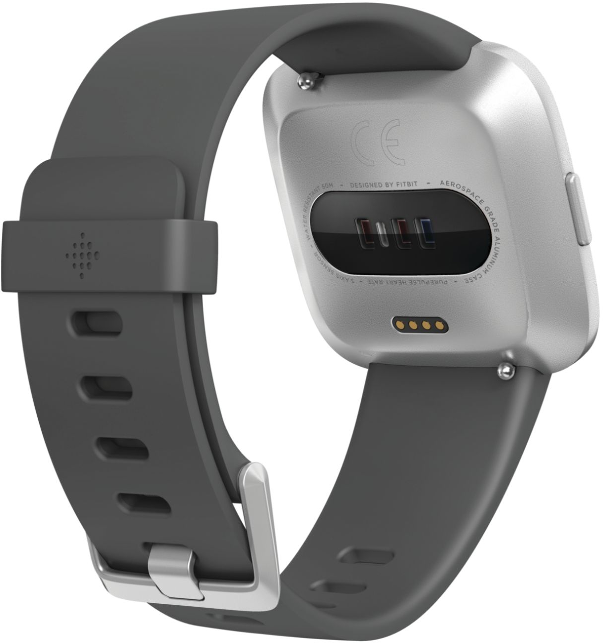 Back View: Fitbit - Versa Lite Edition Smartwatch - Silver with Charcoal Silicone Band