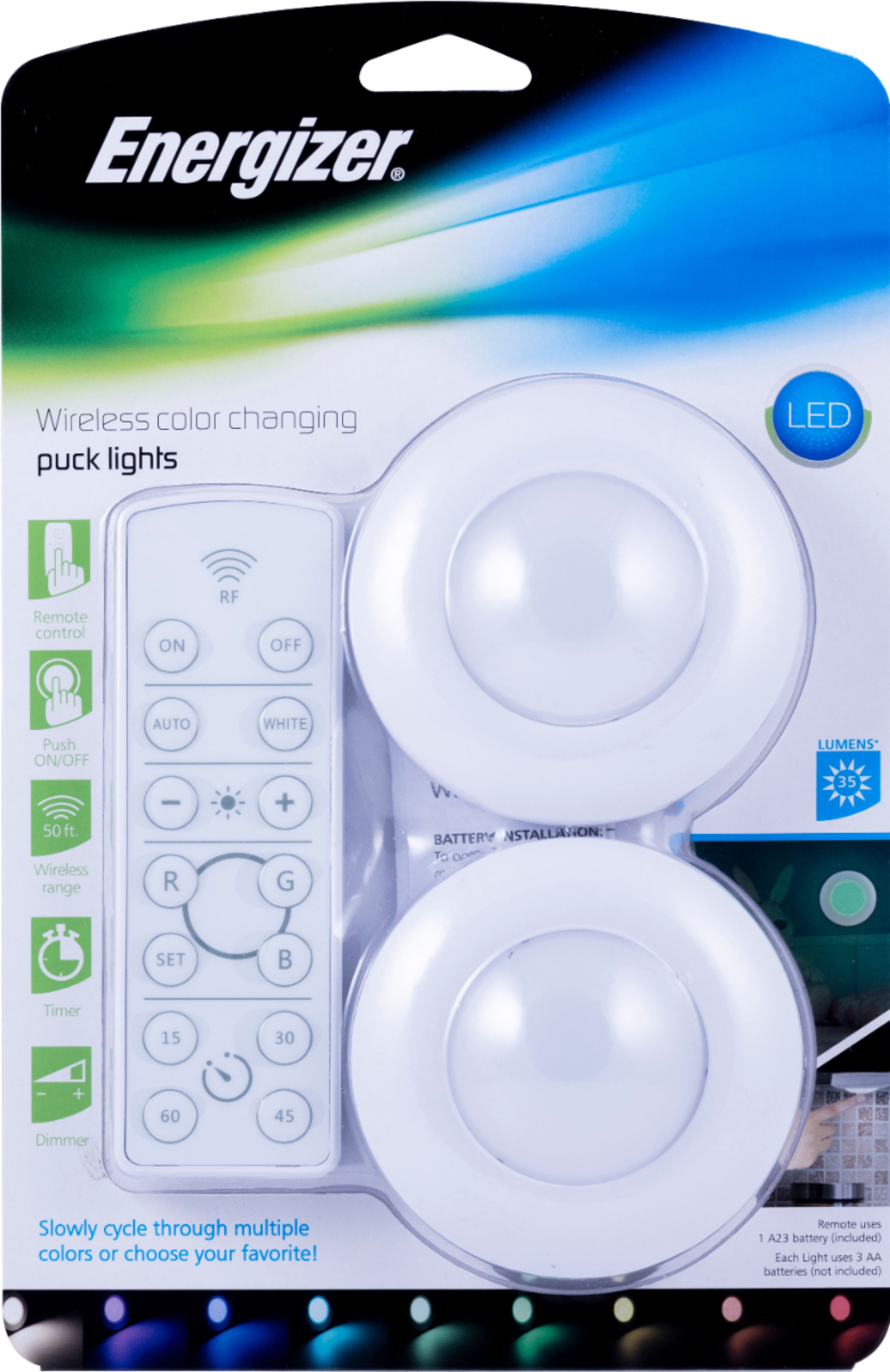 Energizer Battery Operated LED Color-Changing Puck Lights with Remote (2-Pack)