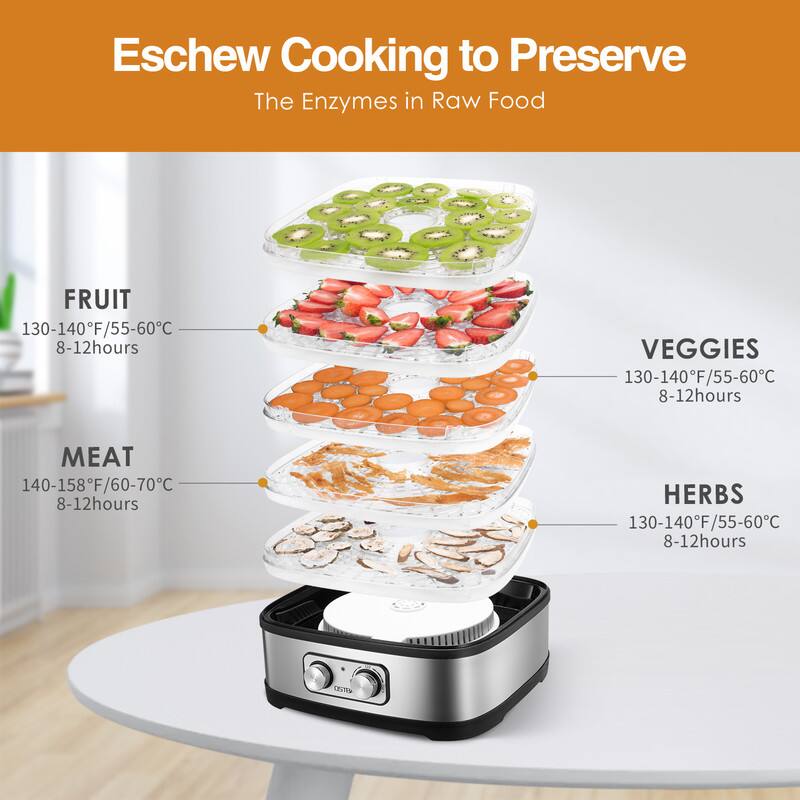 Eschew Cooking to Preserve  
The Enzymes in Raw Food

FRUIT  
130-140°F/55-60°C  
8-12 hours

VEGGIES  
130-140°F/55-60°C  
8-12 hours

MEAT  
140-158°F/60-70°C  
8-12 hours

HERBS  
130-140°F/55-60°C  
8-12 hours