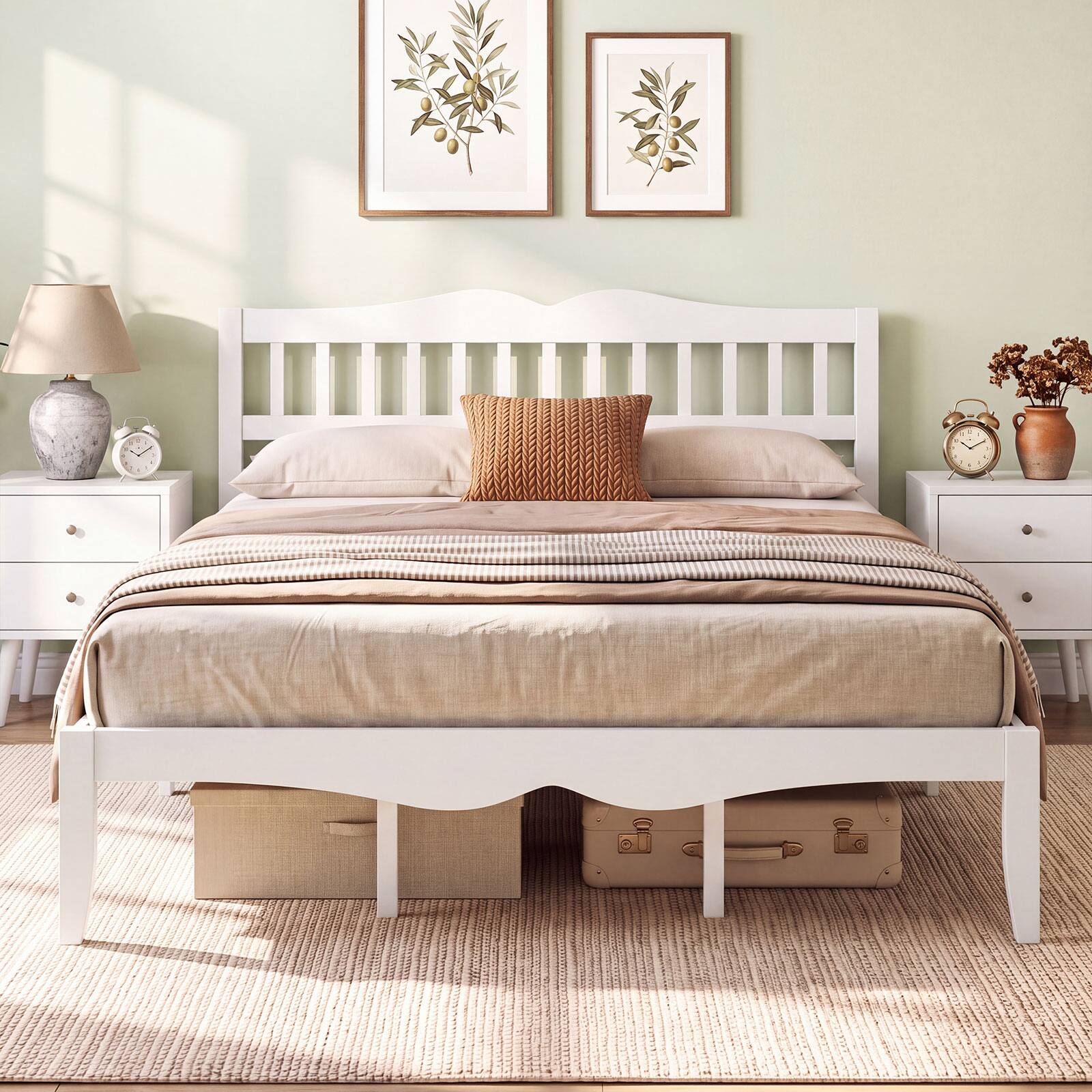Alt View 4. Costway - Costway Queen Size Platform Bed with Headboard, Solid Wood Frame, Sturdy Wood Slat Support - White.