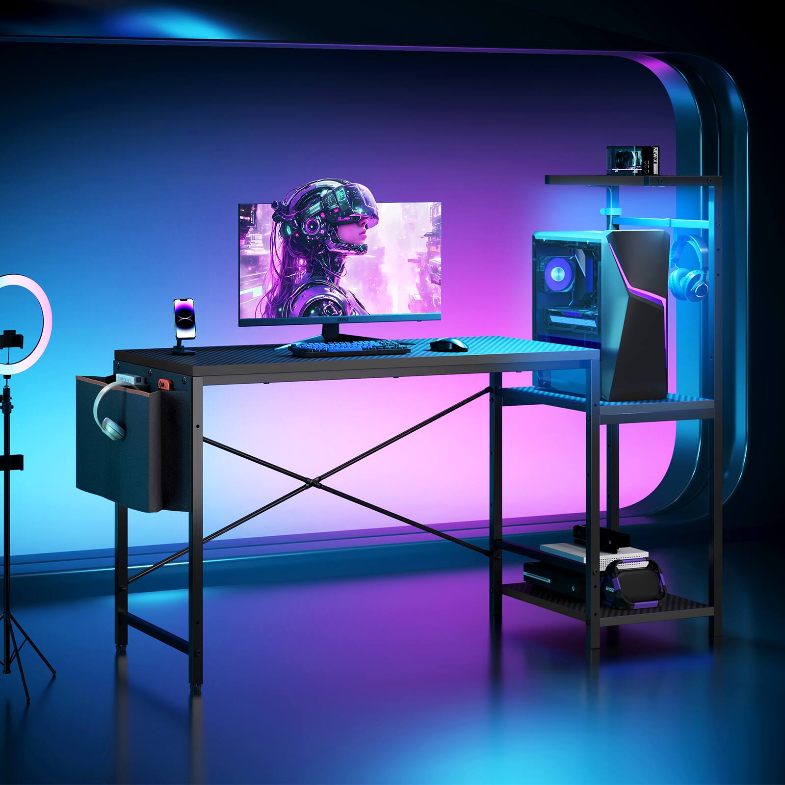 Alt View 2. RSPGAME - 51.3'' Gaming Desk with LED & Storage Drawer Ergonomic Computer Desk Headphone Hook, PC Gaming Desk for Home Office - Black.