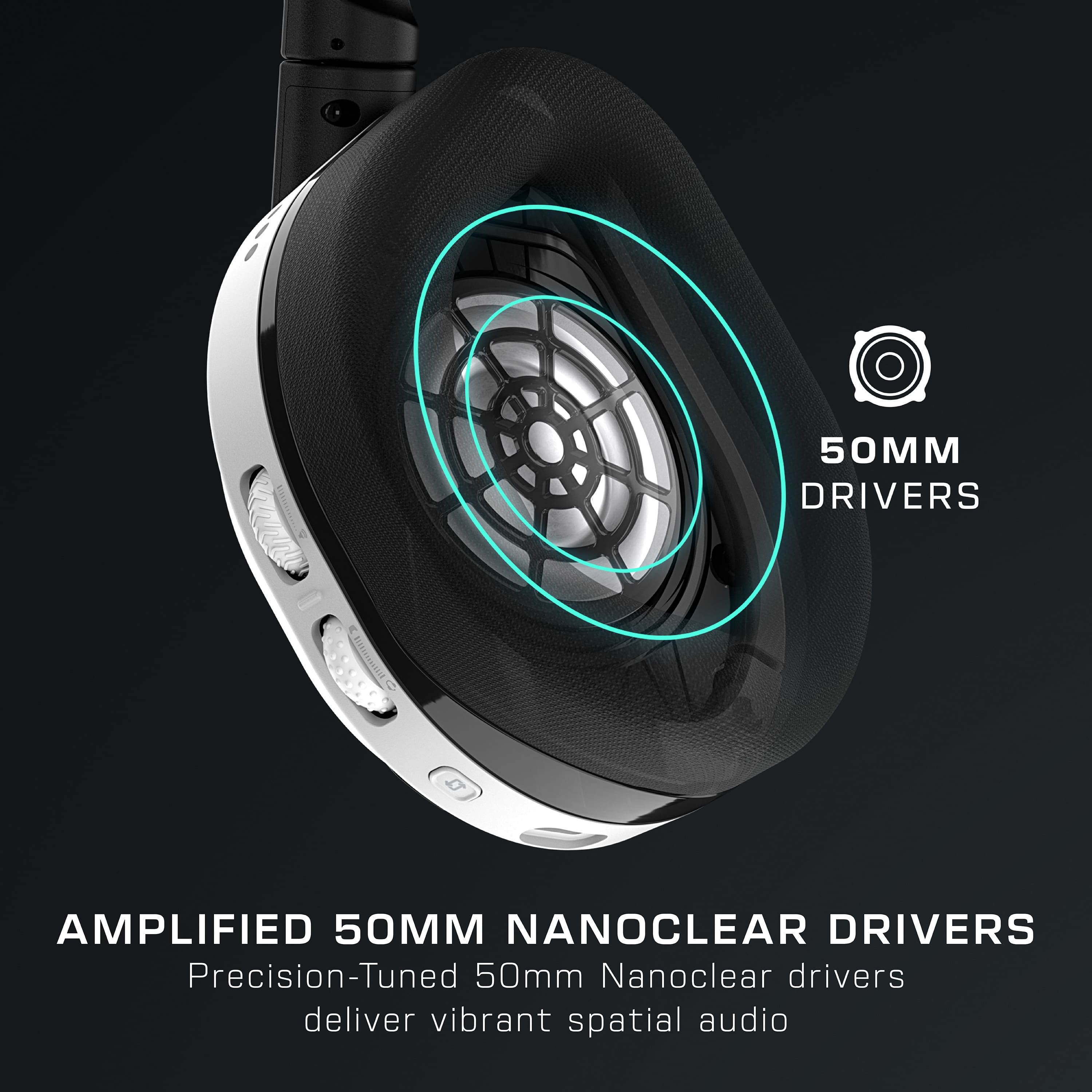 The text on the image reads: "50MM DRIVERS 1 AMPLIFIED 50MM NANOCLEAR DRIVERS Precision-Tuned 50mm Nanoclear drivers deliver vibrant spatial audio."