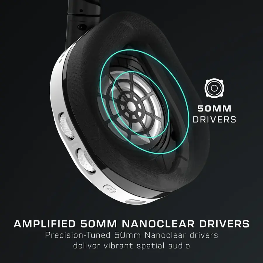 The text on the image reads: "50MM DRIVERS  1 AMPLIFIED 50MM NANOCLEAR DRIVERS Precision-Tuned 50mm Nanoclear drivers deliver vibrant spatial audio."